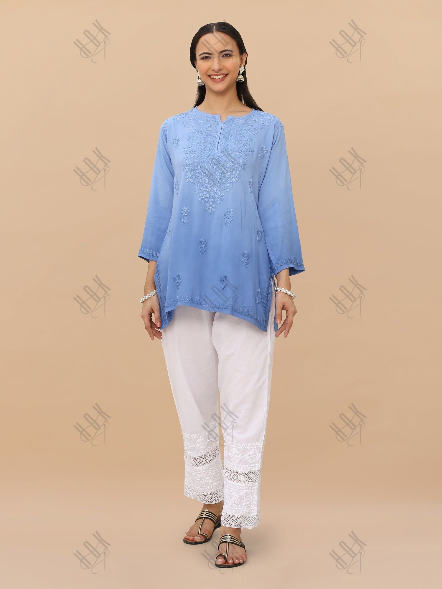 Saba Chikankari Short Kurta in Rayon cotton - Blue