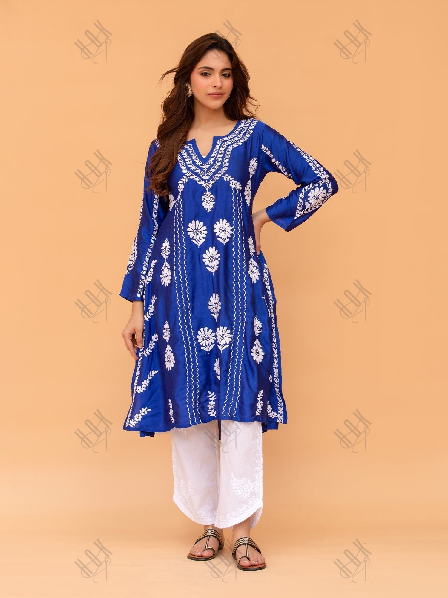 Kanchan in Saba Chikankari Long Kurta in Barfi Silk - Blue