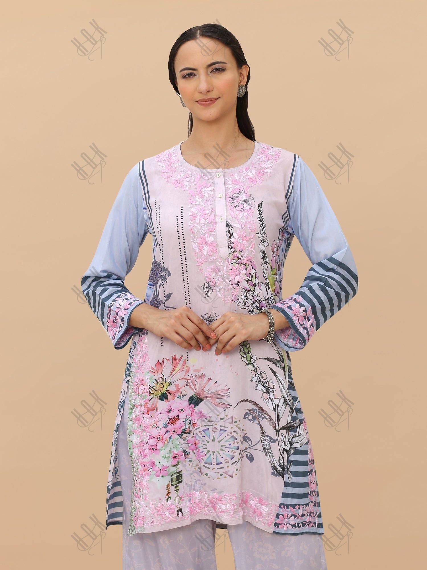 Saba Chikankari Set in Printed Polysilk - Pink Blue