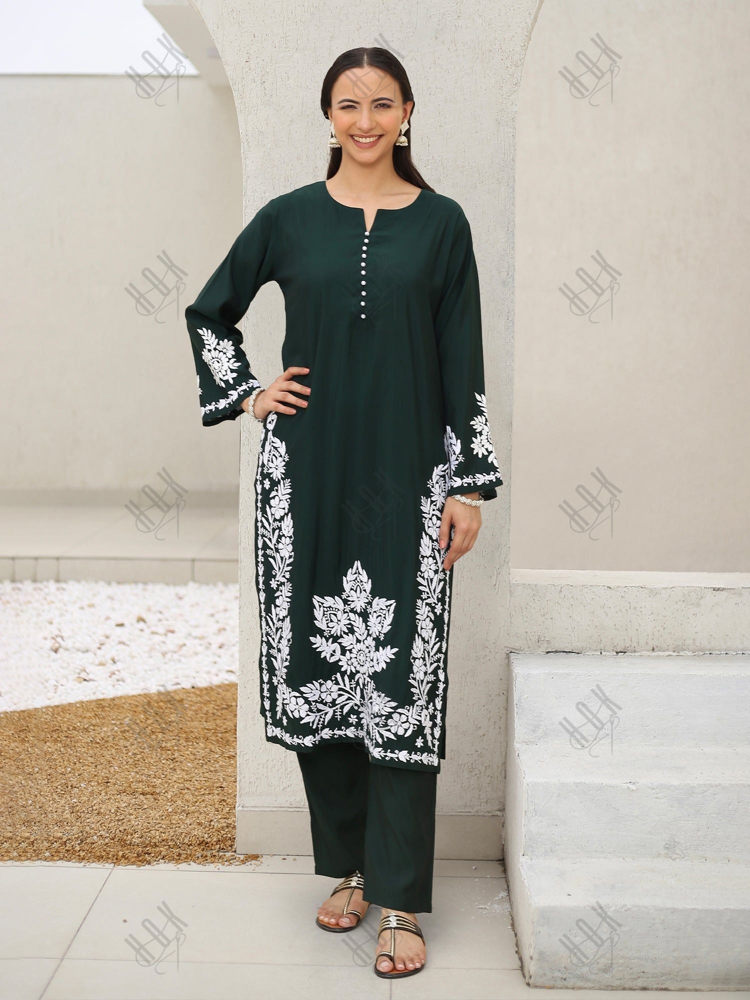 Saba Chikankari Kurta Set in Modal Silk -Green