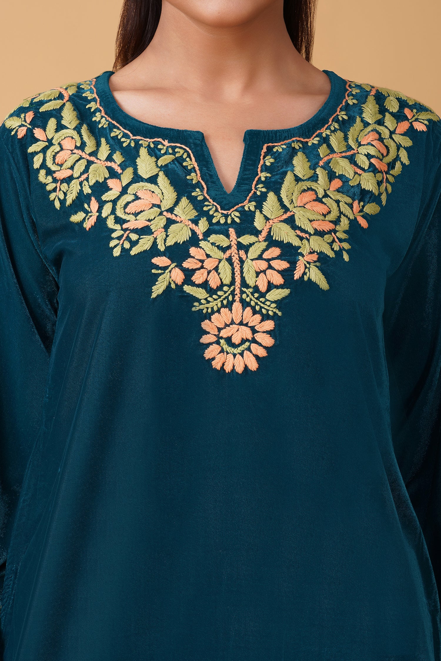 Velvet Chikankari Kurta Set – Tourquise Blue