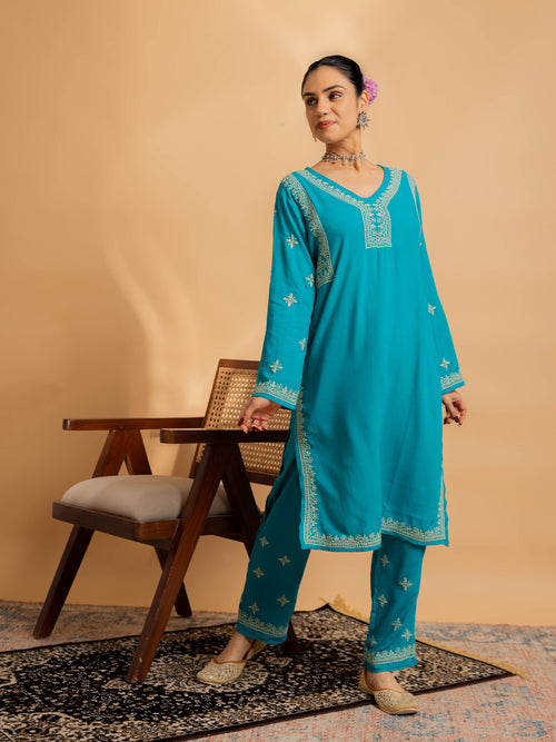 Saba Chikankari Cord Set for Women - Turquoise blue