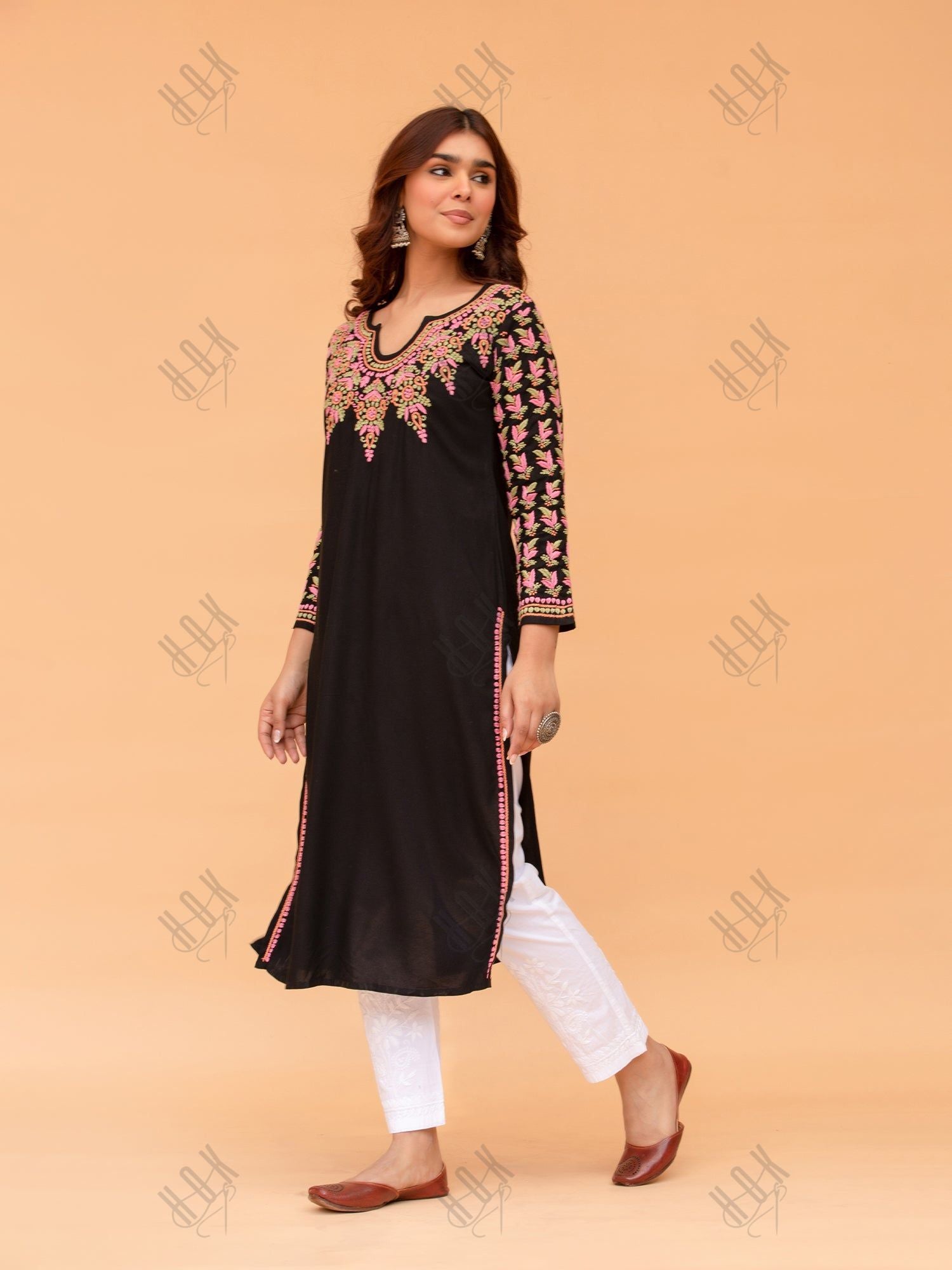 Saba Chikankari Kurta in Rayon Cotton - Black