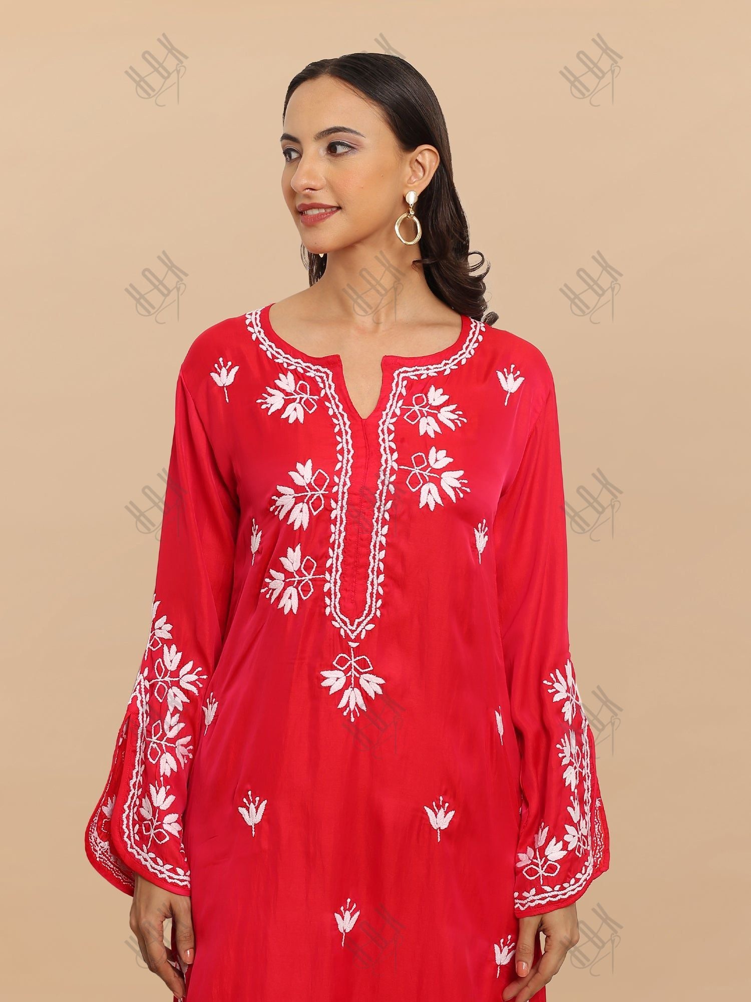 Saba Chikankari Long Kurta in Barfi Silk - Red