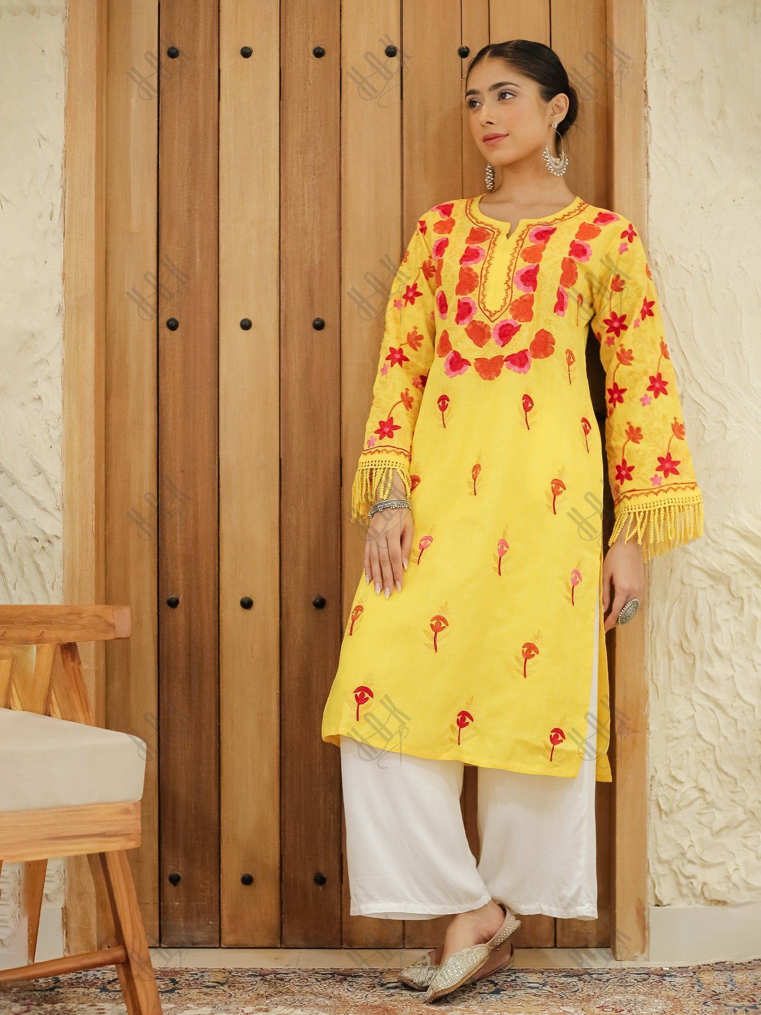 Falak Kashmiri Long Kurta - Yellow