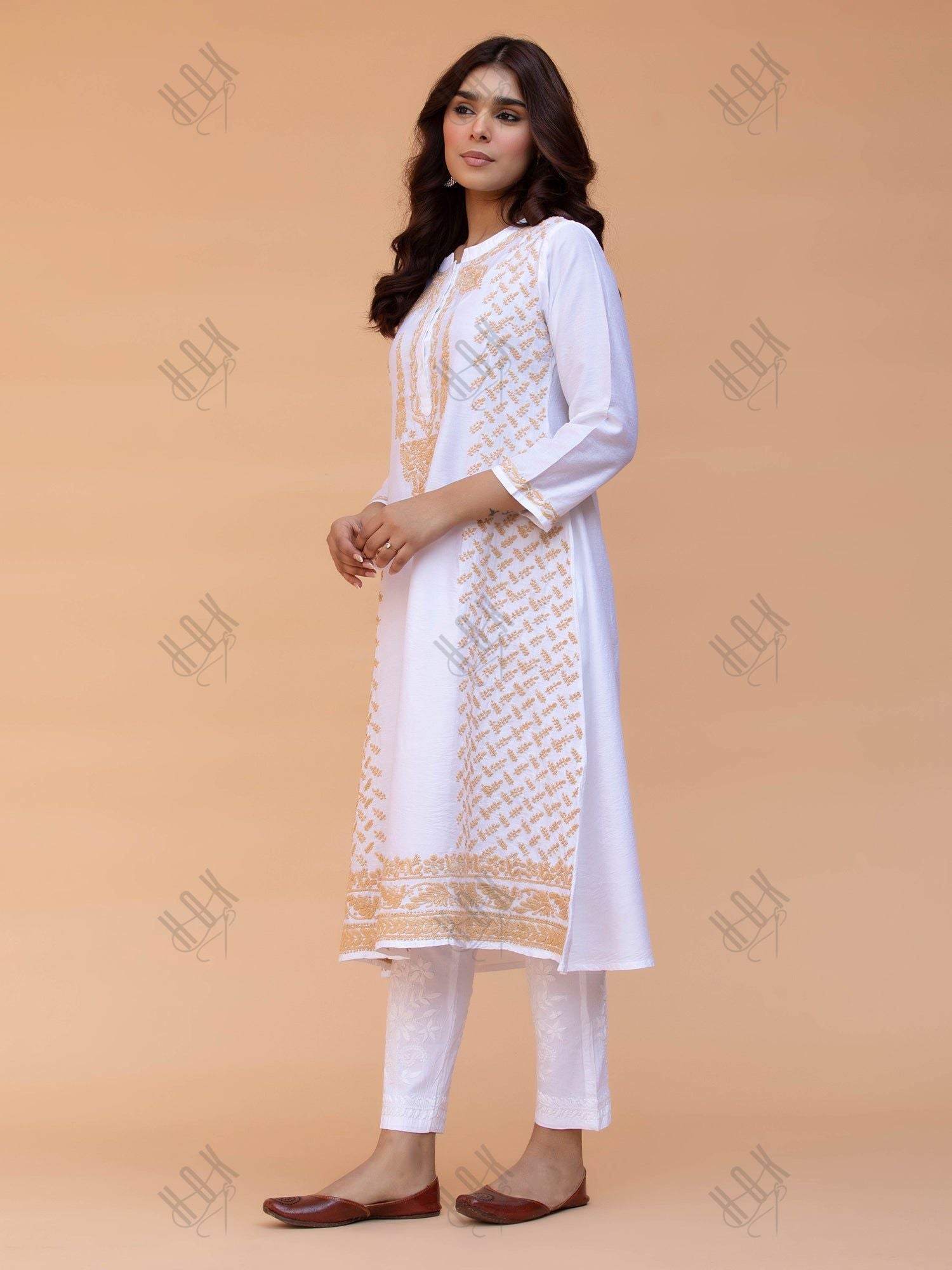 Saba Chikankari Long Kurta in Chanderi Silk with Beige