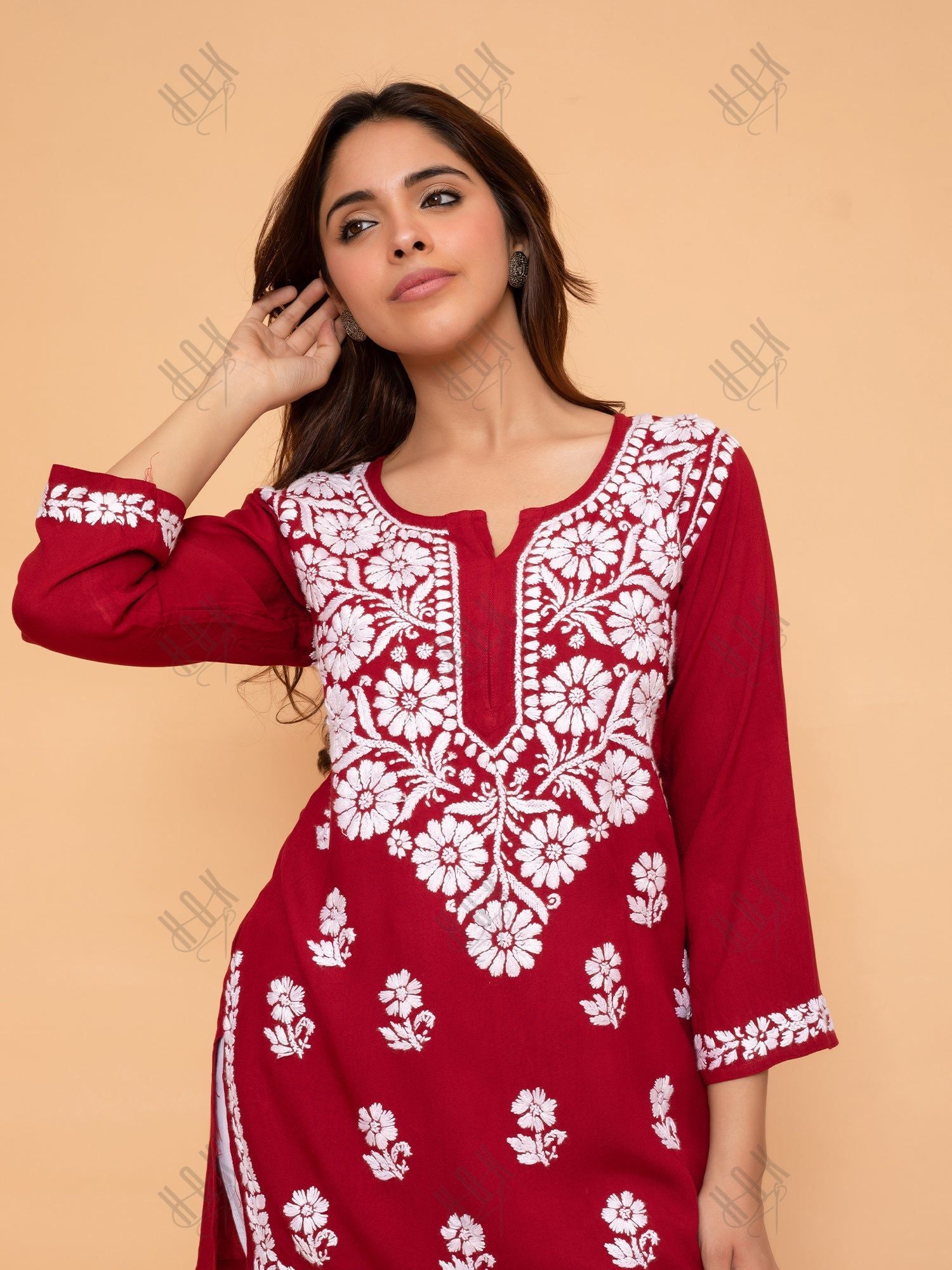 Saba Chikankari Short Kurta in Rayon cotton - Maroon