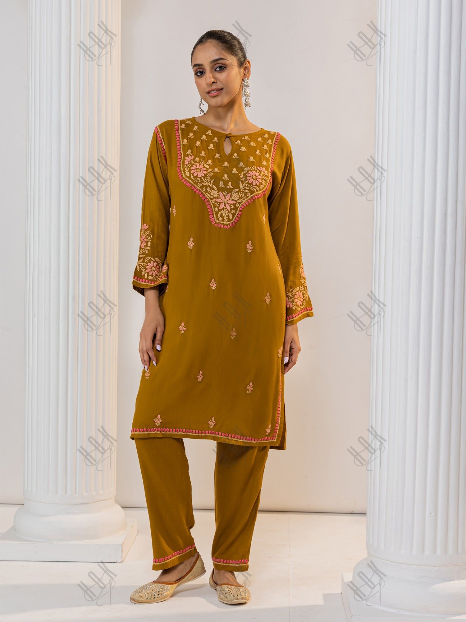 Saba Chikankari Notch Neck Cotton Silk Kurta Set for Women - Mustard