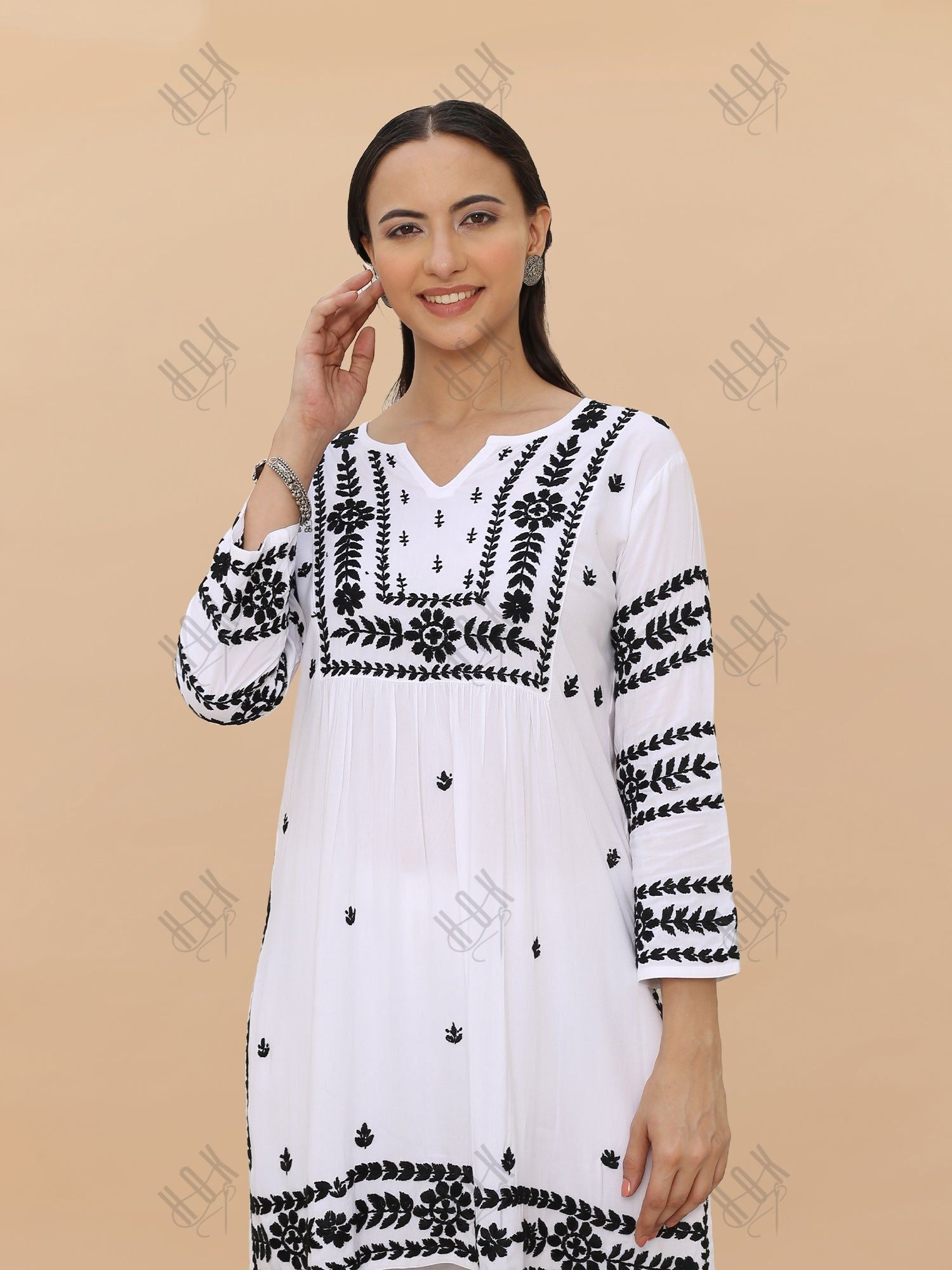 Saba Chikankari Short Kurta in Rayon cotton - White With Black