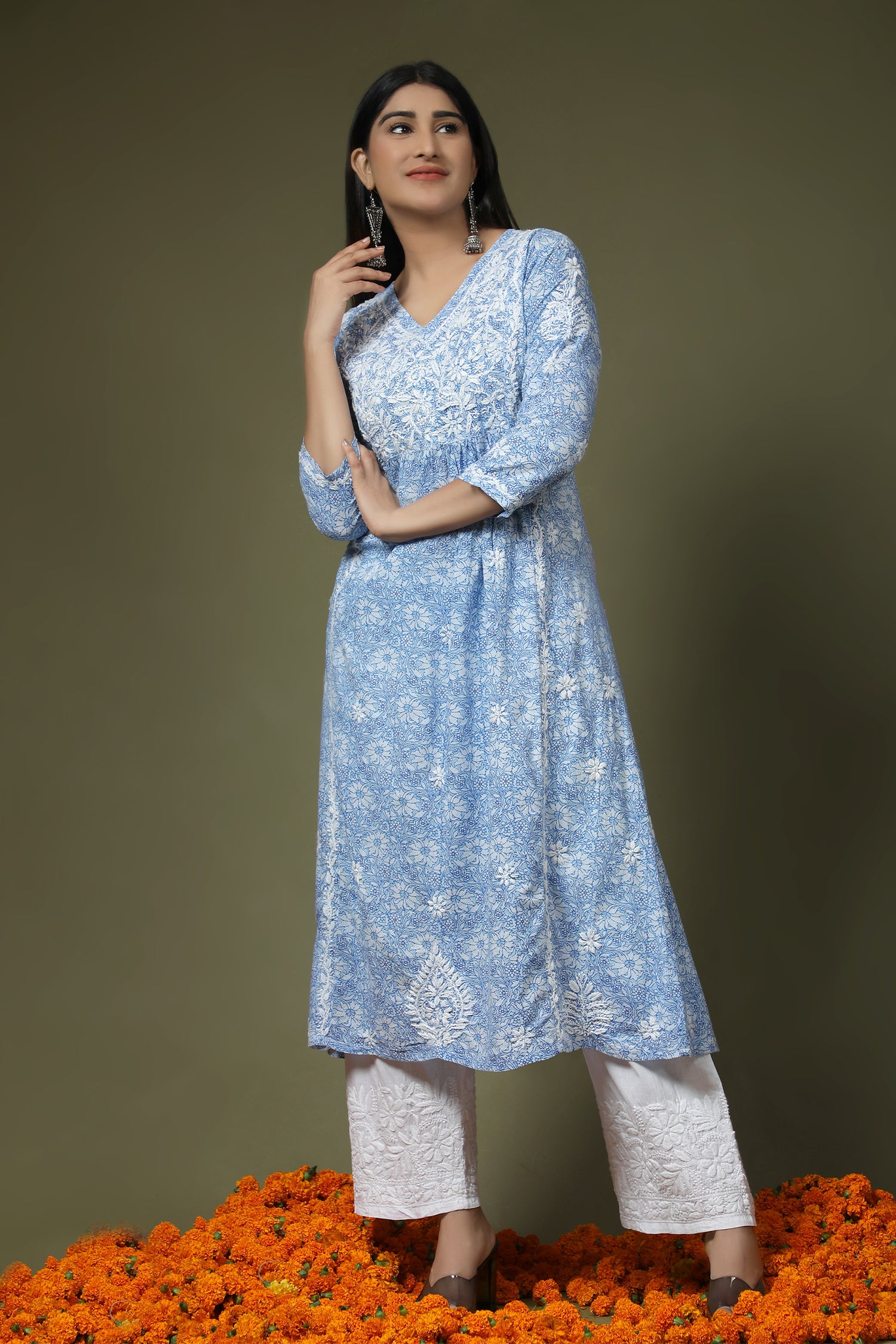 Hand embroidery Chikankari V neck Anarkali Dress | Long Kurti in Cotton For Women