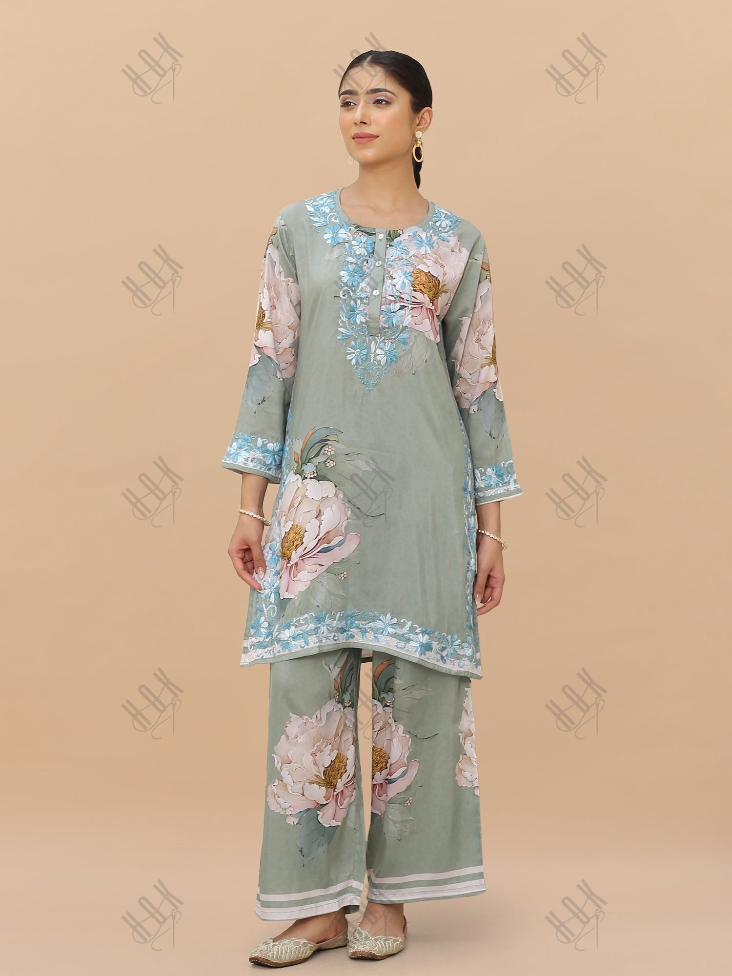 Saba Chikankari Set in Printed Polysilk -  Floral Green