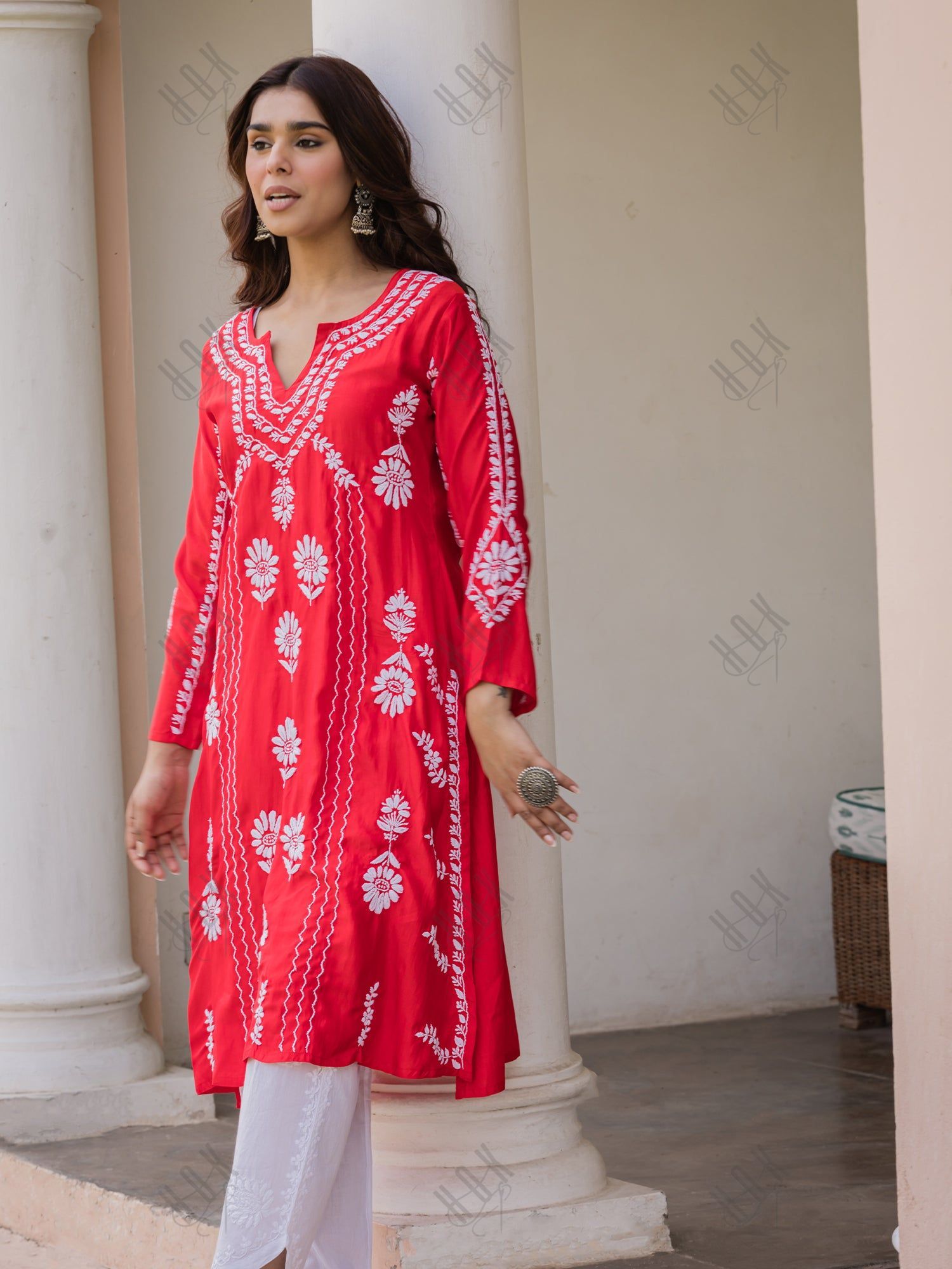 Saba Chikankari Long Kurta in Barfi Silk - Red