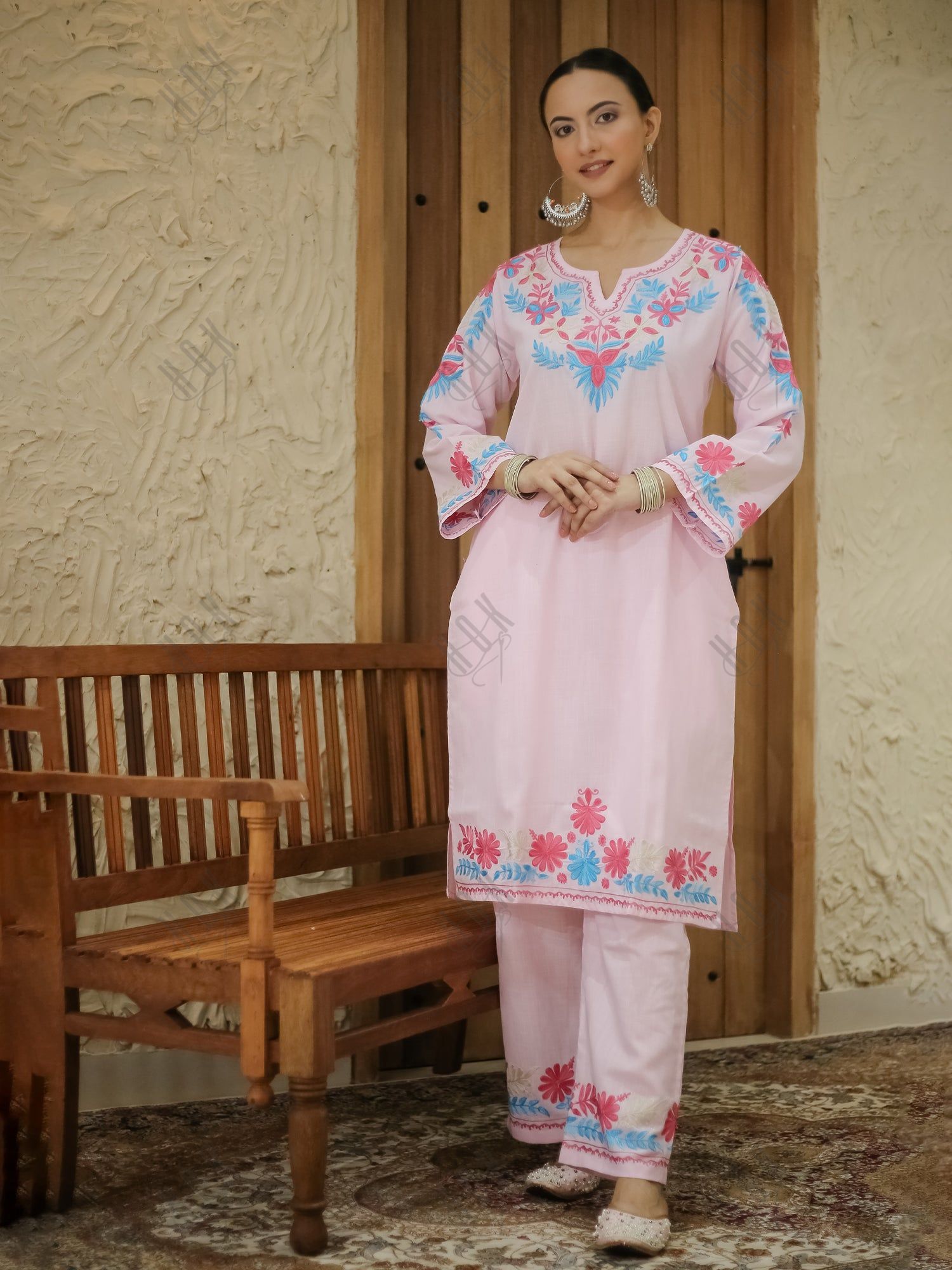 Falak Kashmiri Long Kurta Set  - Baby Pink