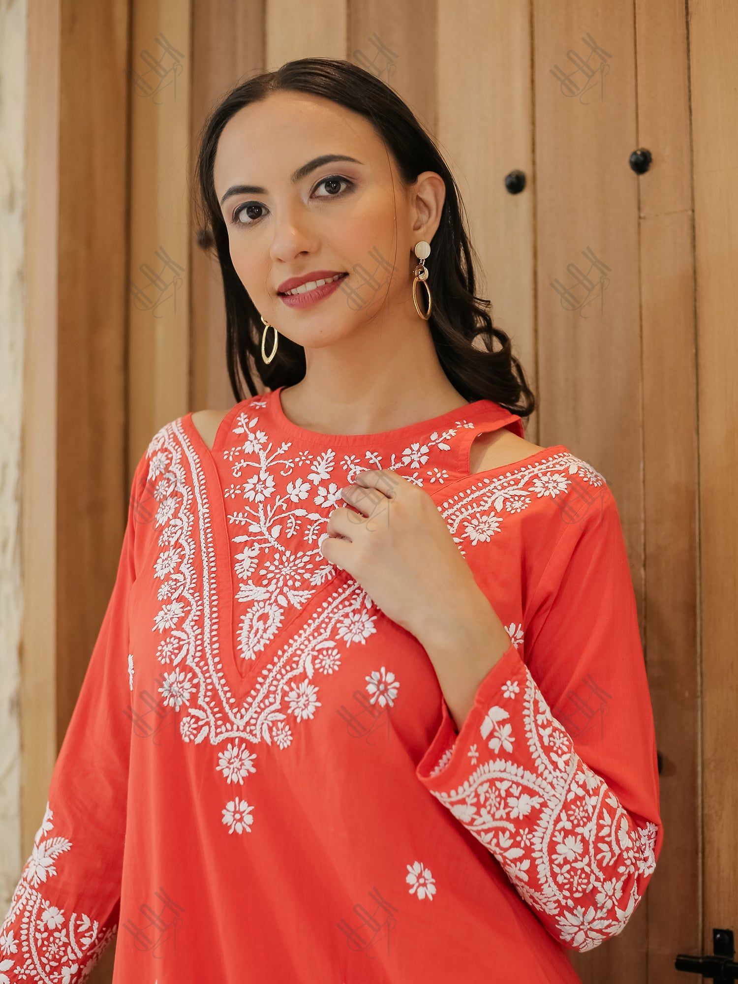 Saba Chikankari Long kurta in cotton - Red