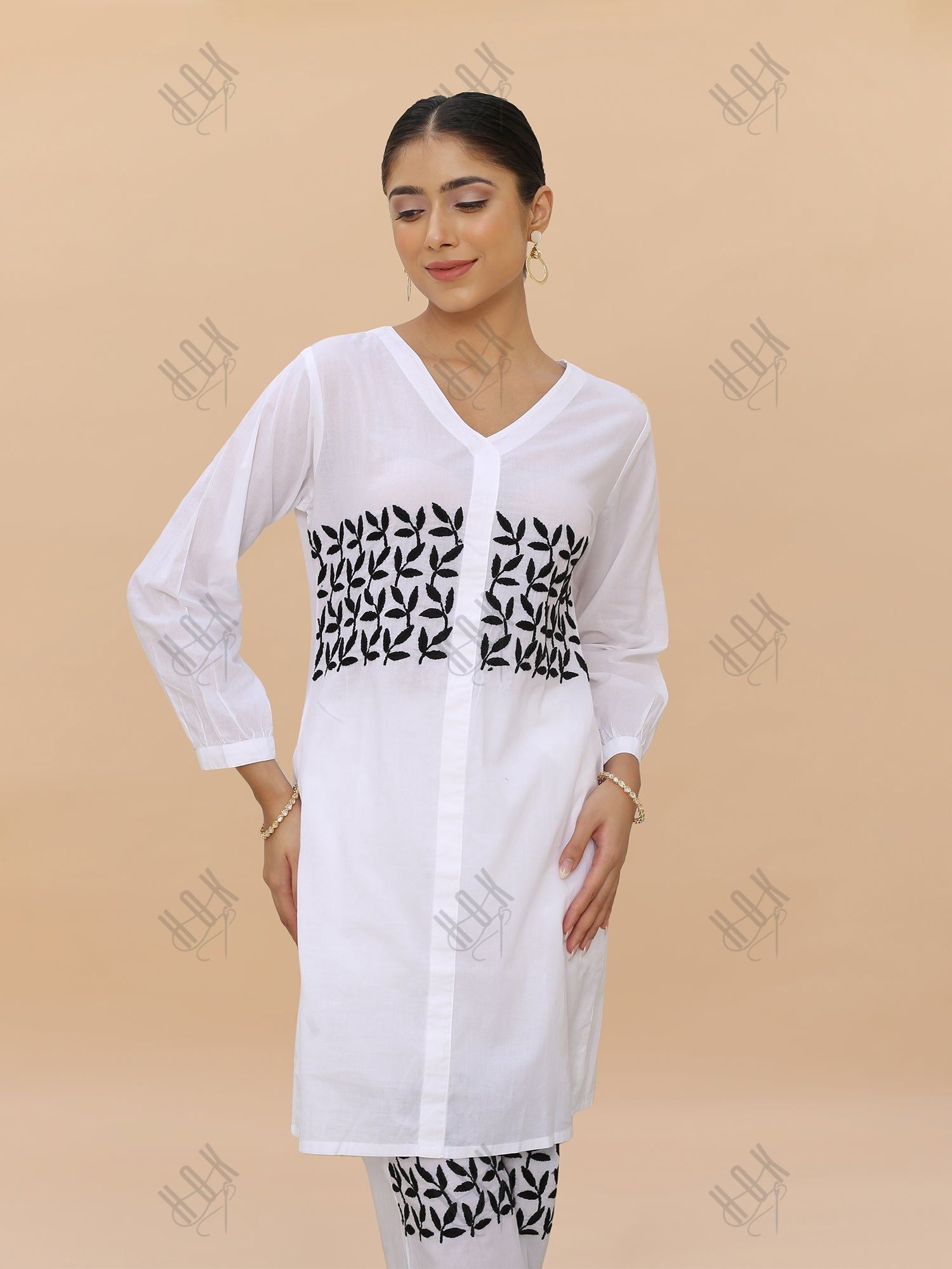 Saba Chikankari Cord Set in Cambric cotton - White with Black