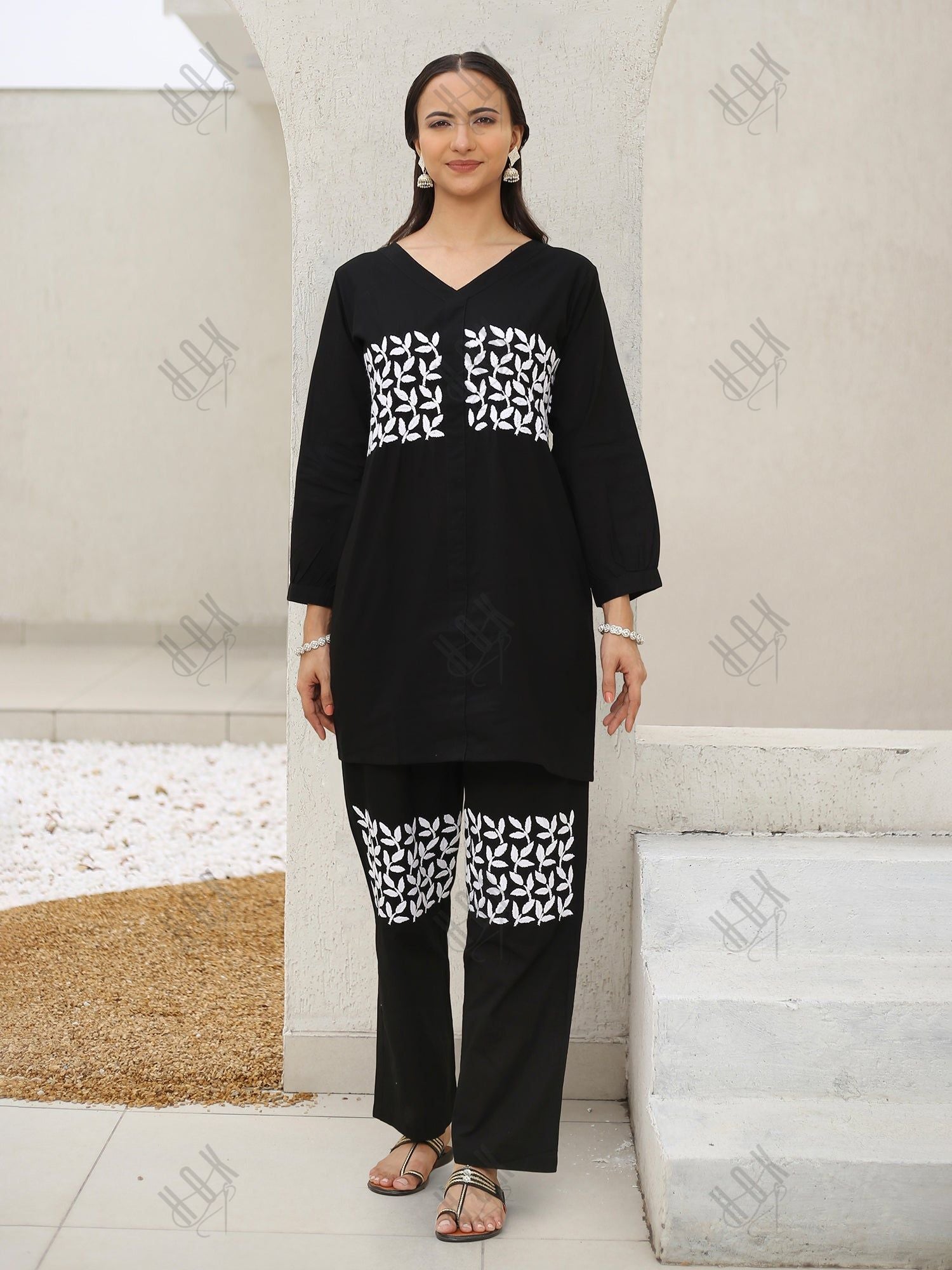 Saba Chikankari Cord Set in Cambric cotton - Black With White