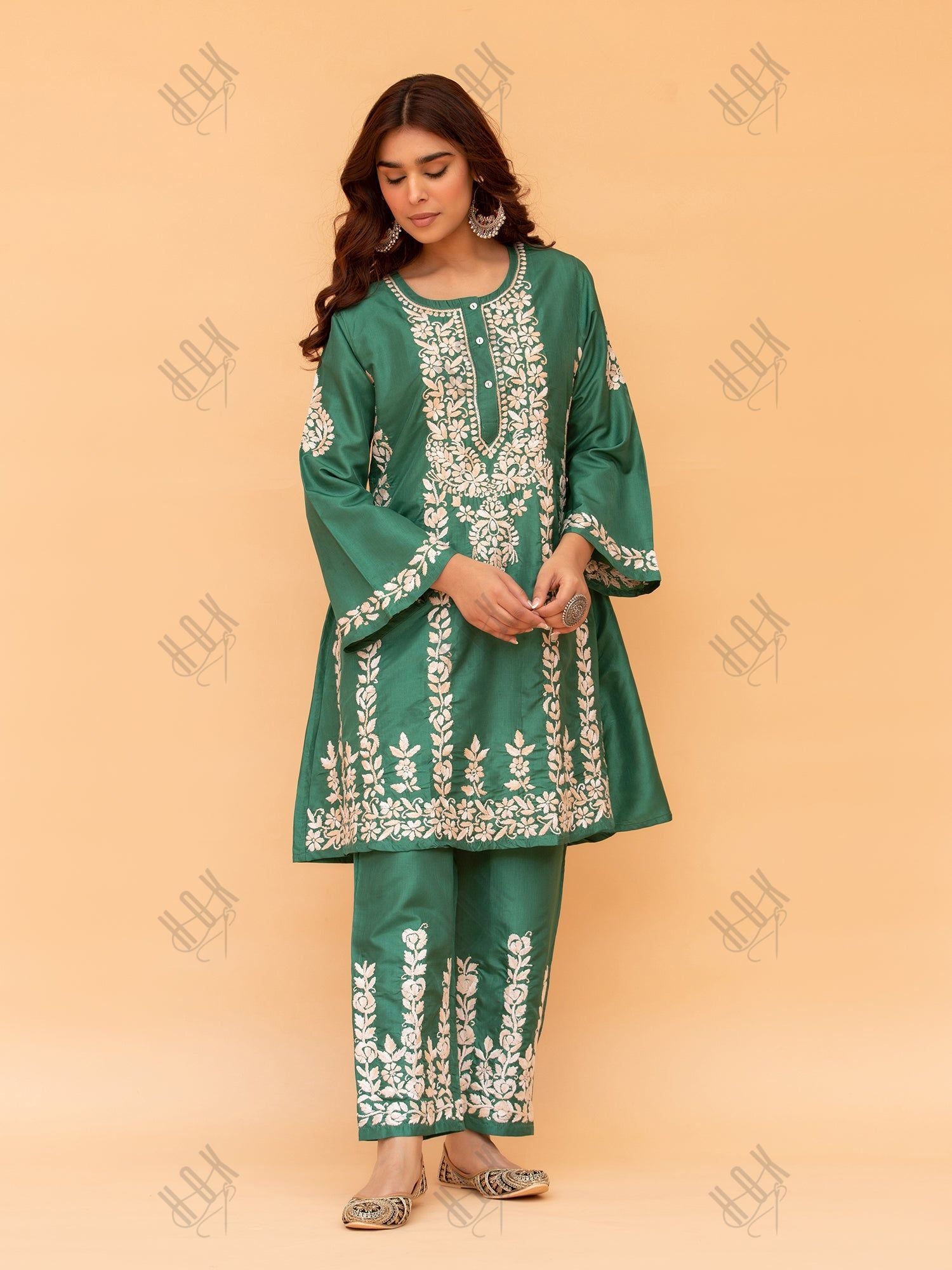 Saba Chikankari Kurta Set in Habutai Silk - Green