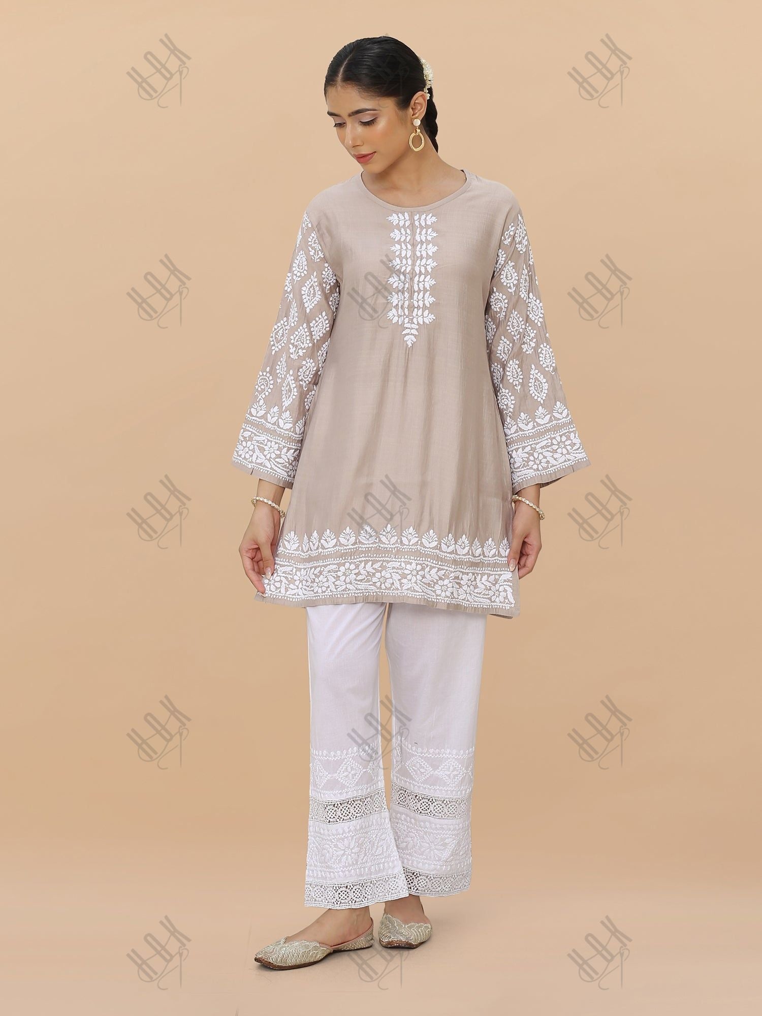 Kaashwi in Saba Chikankari Short kurta in Modal Silk  - Beige