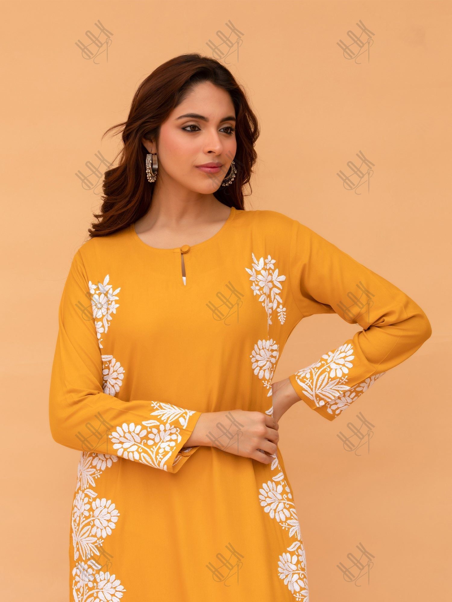 Saba Chikankari Long Kurta in Rayon cotton - Mustard