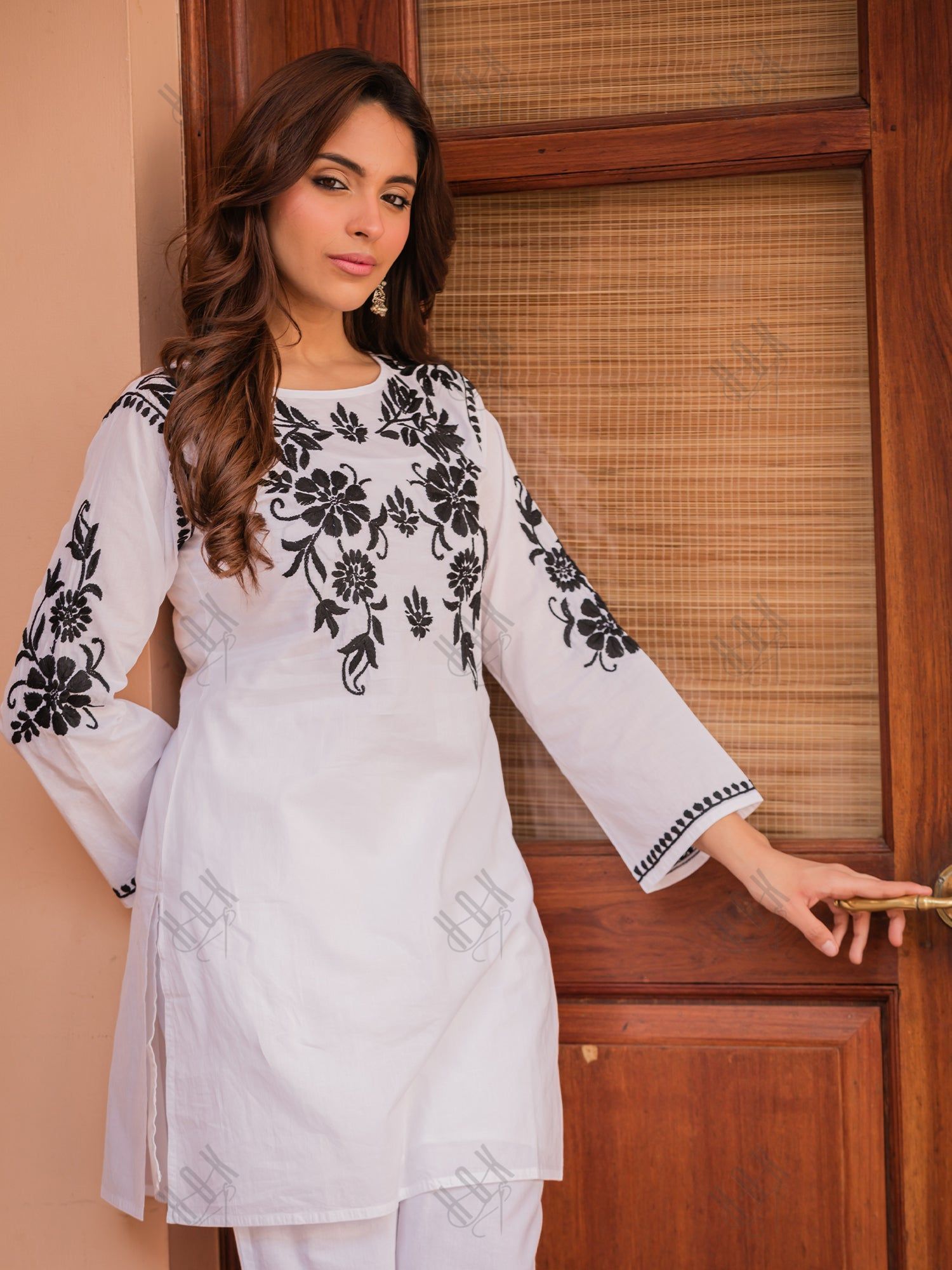 Saba Chikankari Co-ord Set in Cotton Cambric - White With Black