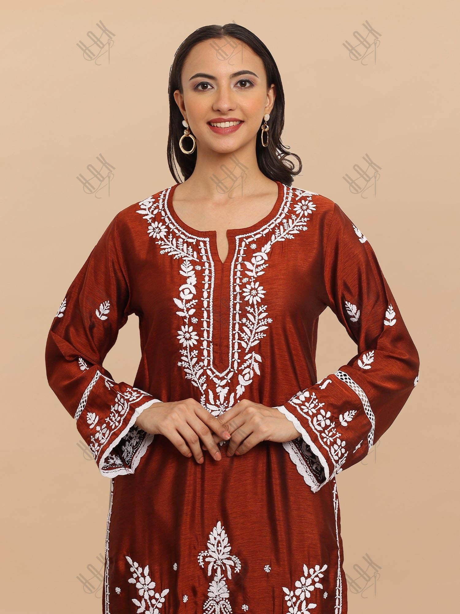 Saba Chikankari Long Kurta in Barfi Silk - Chutney