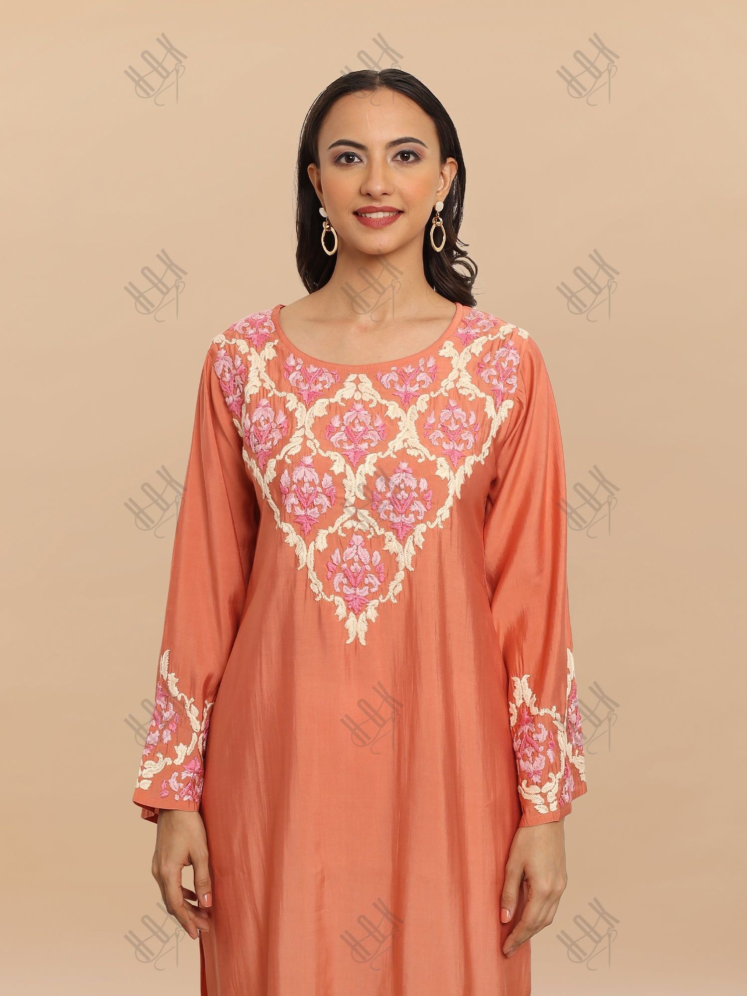 Saba Chikankari Long Kurta in Modal Silk - Peach