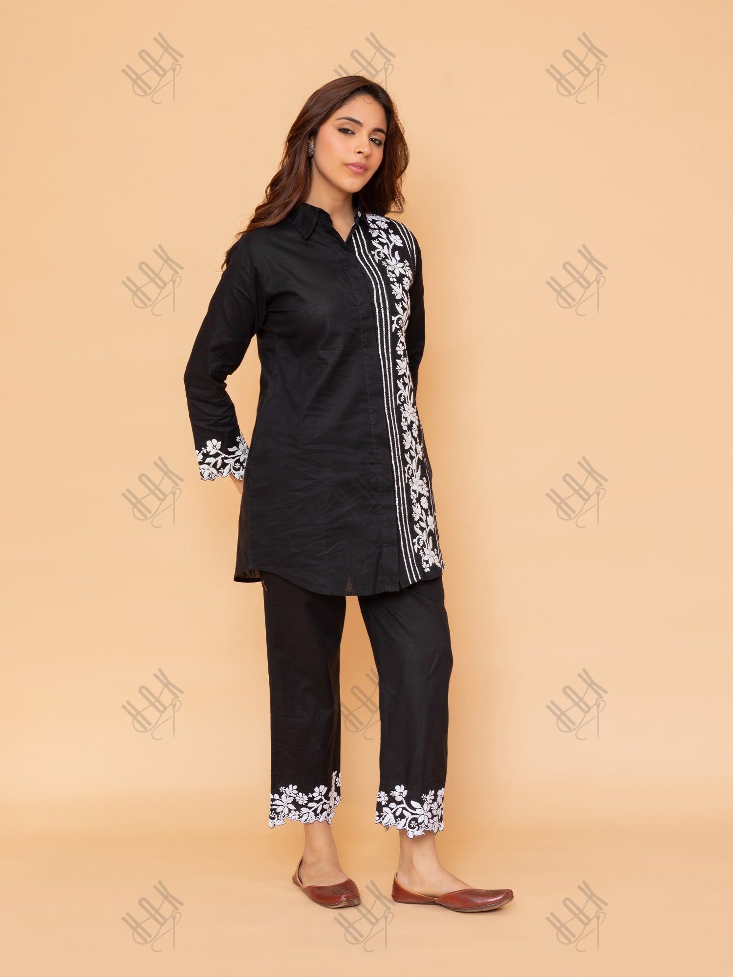 Saba Chikankari Co-ord Set in Cotton Cambric - Black With White