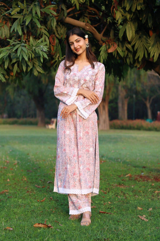 Riya in Samma Chikankari CO-ORD Set In Mul Cotton for Women In Peach Print - House Of Kari (Chikankari Clothing)