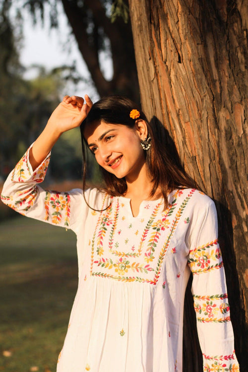 Riya in Samma Chikankari Long Kurta in Rayon Cotton for Women- White With Multi Colours - House Of Kari (Chikankari Clothing)