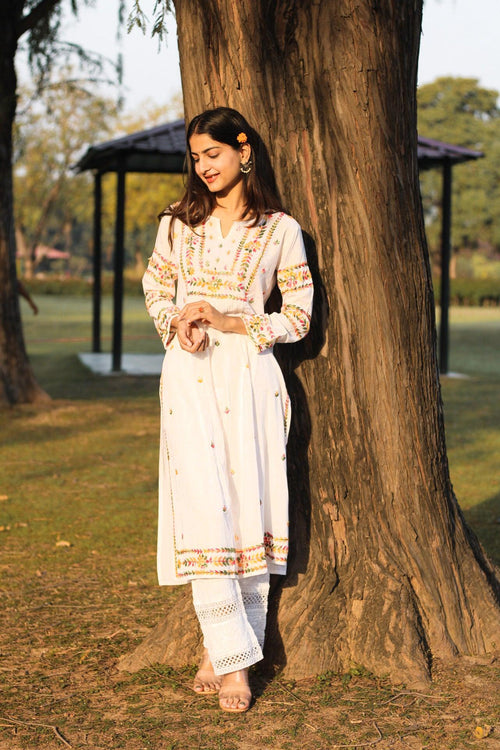 Riya in Samma Chikankari Long Kurta in Rayon Cotton for Women- White With Multi Colours - House Of Kari (Chikankari Clothing)