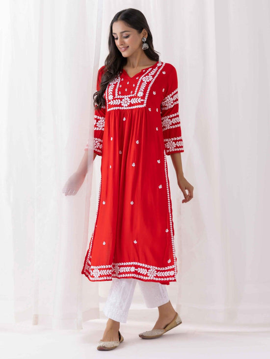 Load image into Gallery viewer, Fizaa in Chikankari Long Kurta in Rayon Cotton for Women- Red - House Of Kari (Chikankari Clothing)
