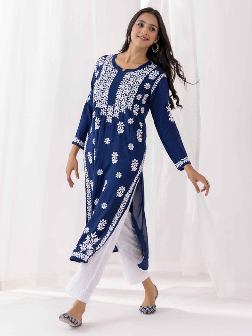Buy Denim Blue Straight Modal Silk Chikankari Kurta online - by