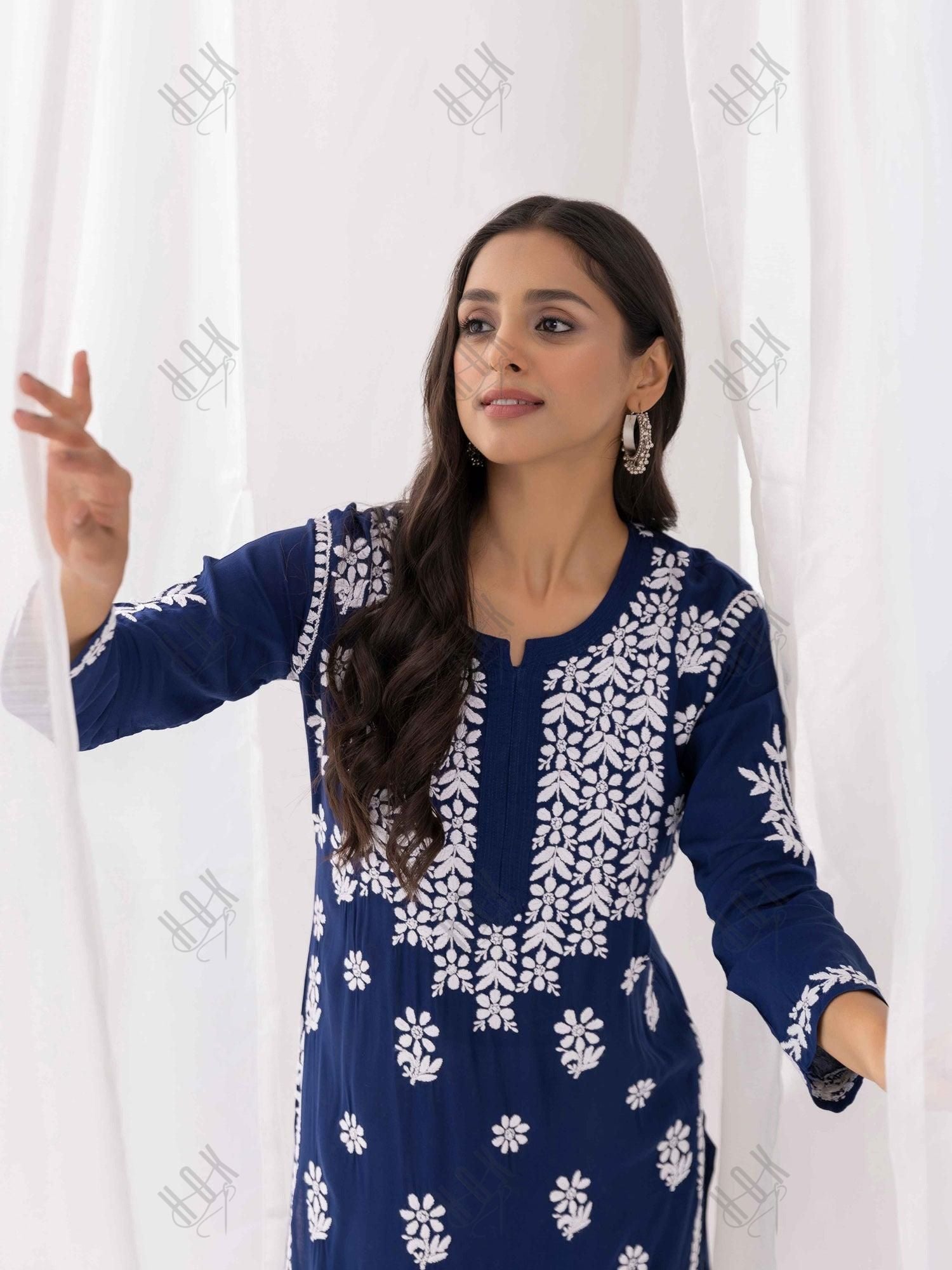 Fizaa chikankari Kurta in Modal cotton Blue - House Of Kari (Chikankari Clothing)