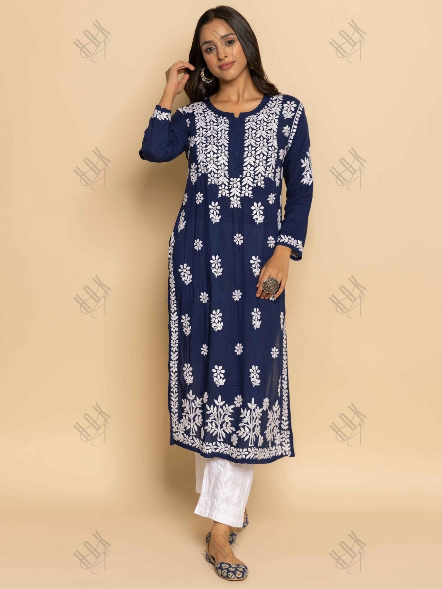 Fizaa chikankari Kurta in Modal cotton Blue - House Of Kari (Chikankari Clothing)