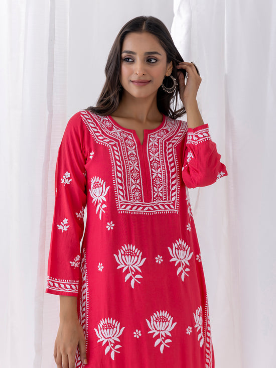 Load image into Gallery viewer, Fizaa Kurta with Chikankari Hand Embroidery red
