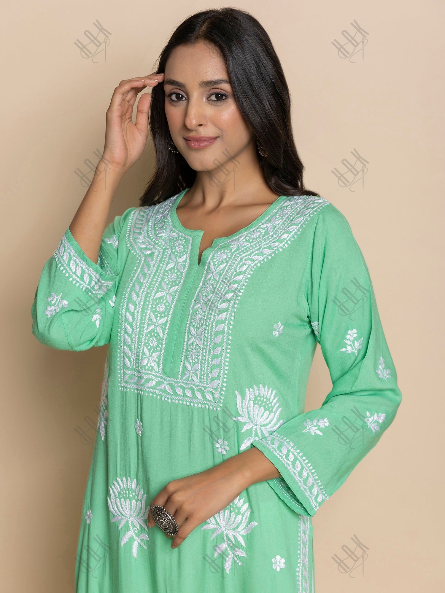 Fizaa Kurta with Chikankari Hand Embroidery Sea Green