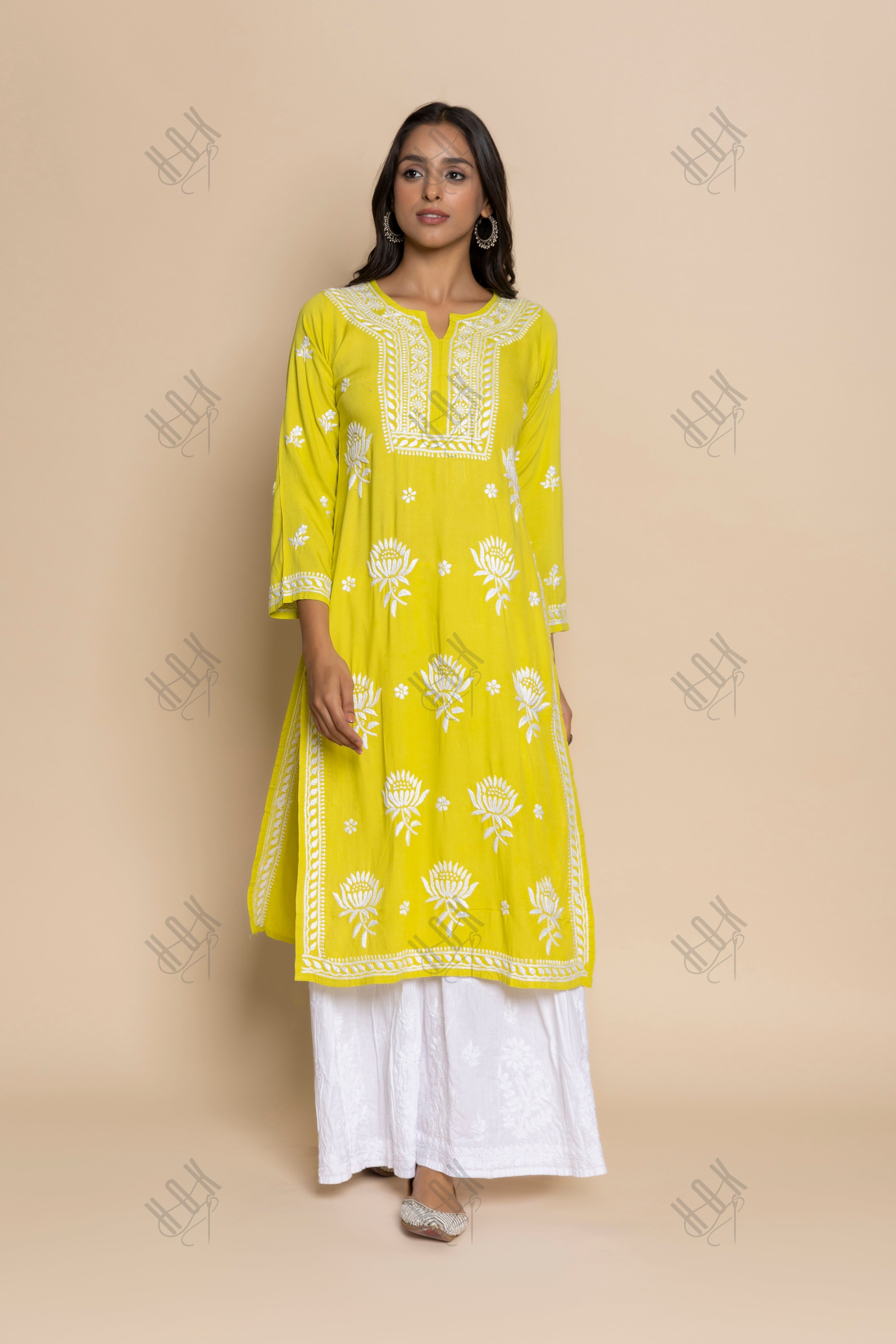 Fizaa Kurta with Chikankari Hand Embroidery Lemon