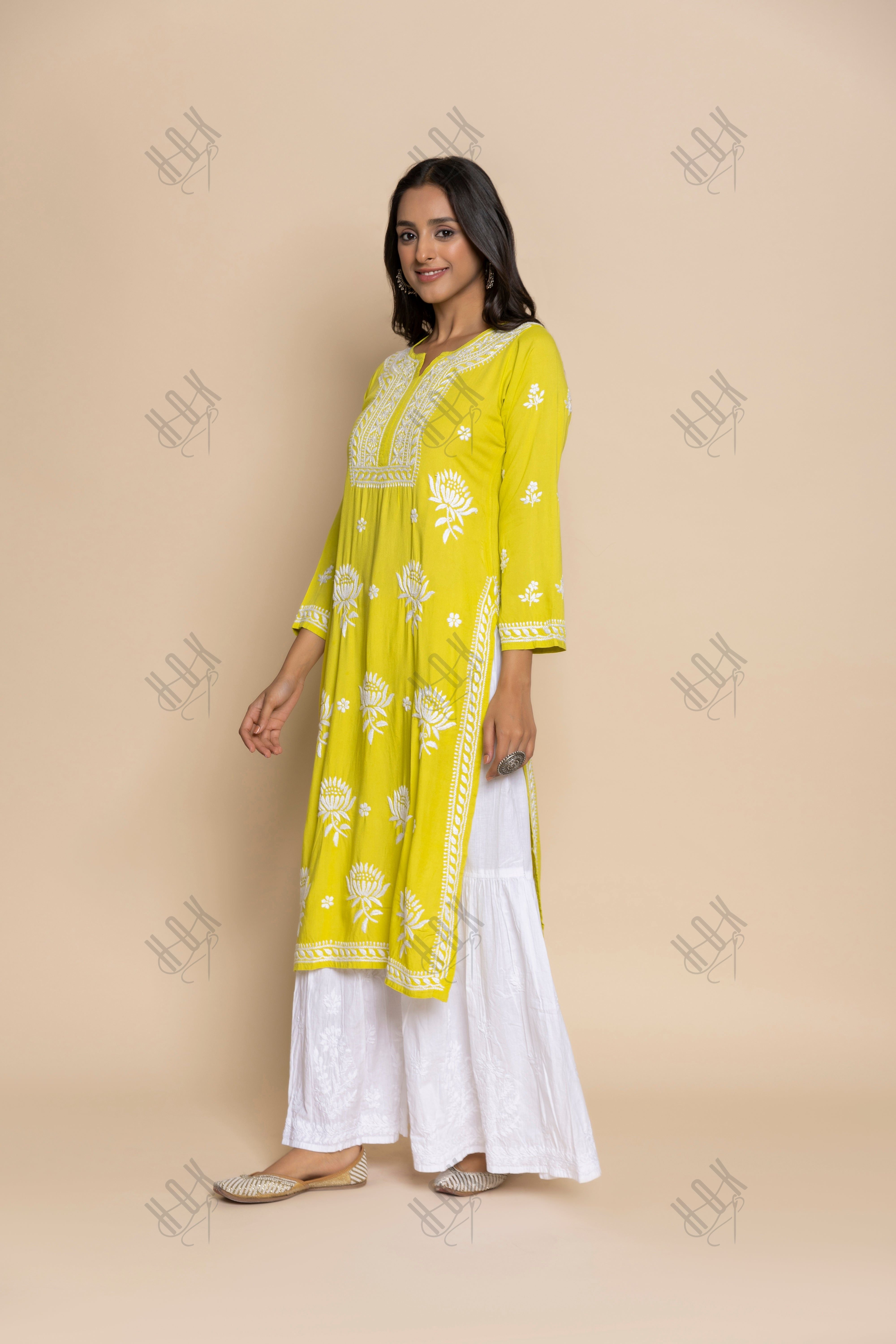 Fizaa Kurta with Chikankari Hand Embroidery Lemon