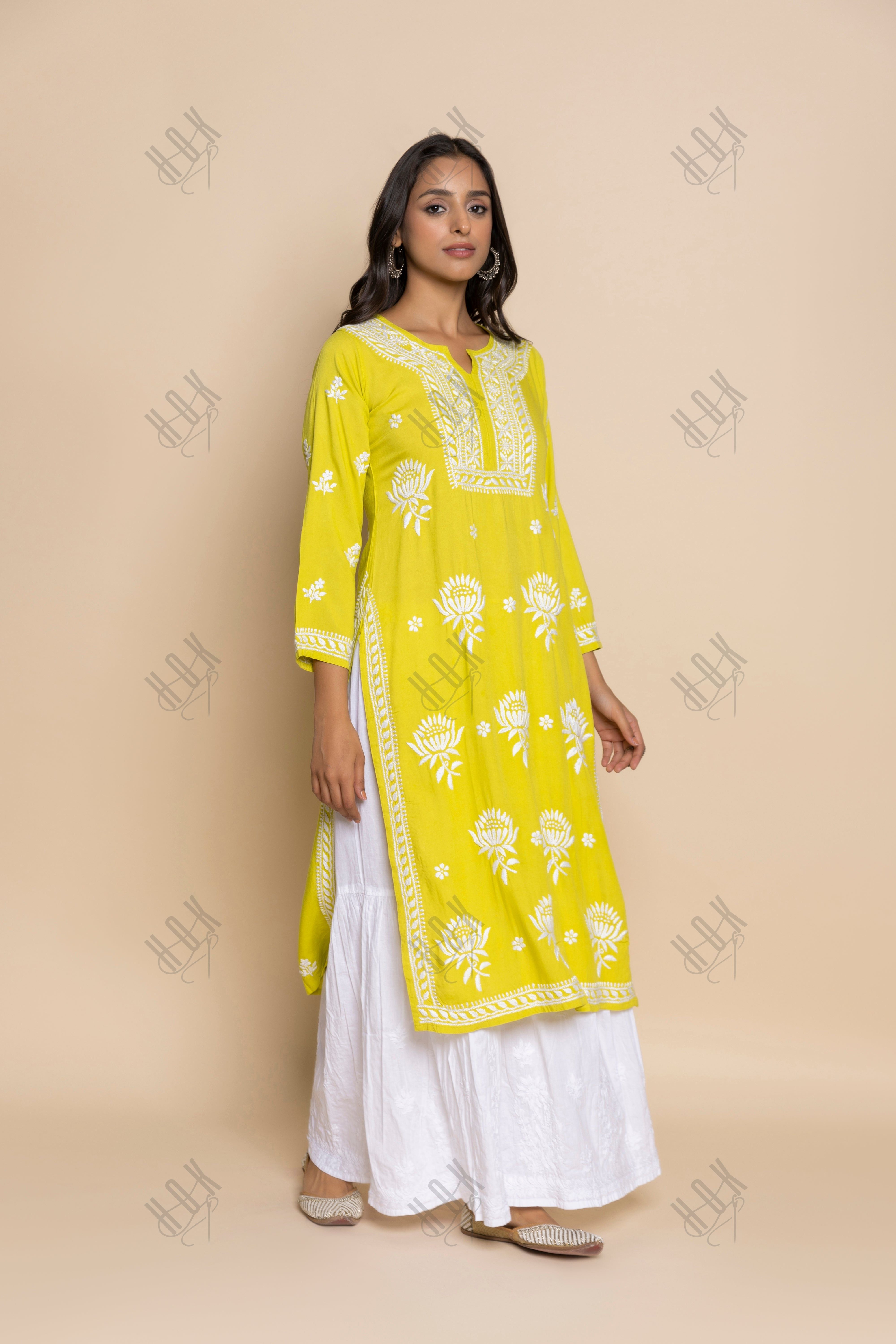 Fizaa Kurta with Chikankari Hand Embroidery Lemon