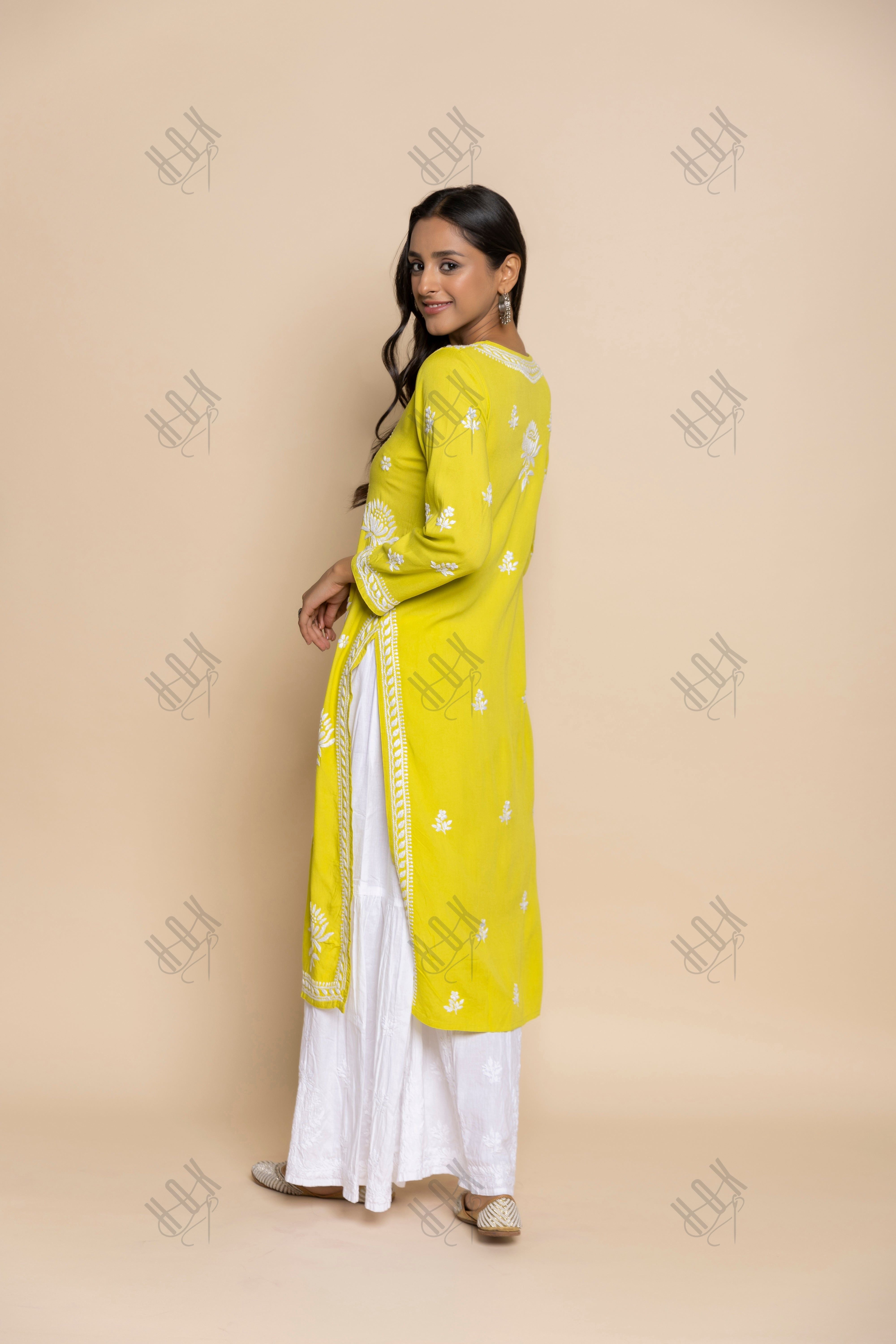 Fizaa Kurta with Chikankari Hand Embroidery Lemon