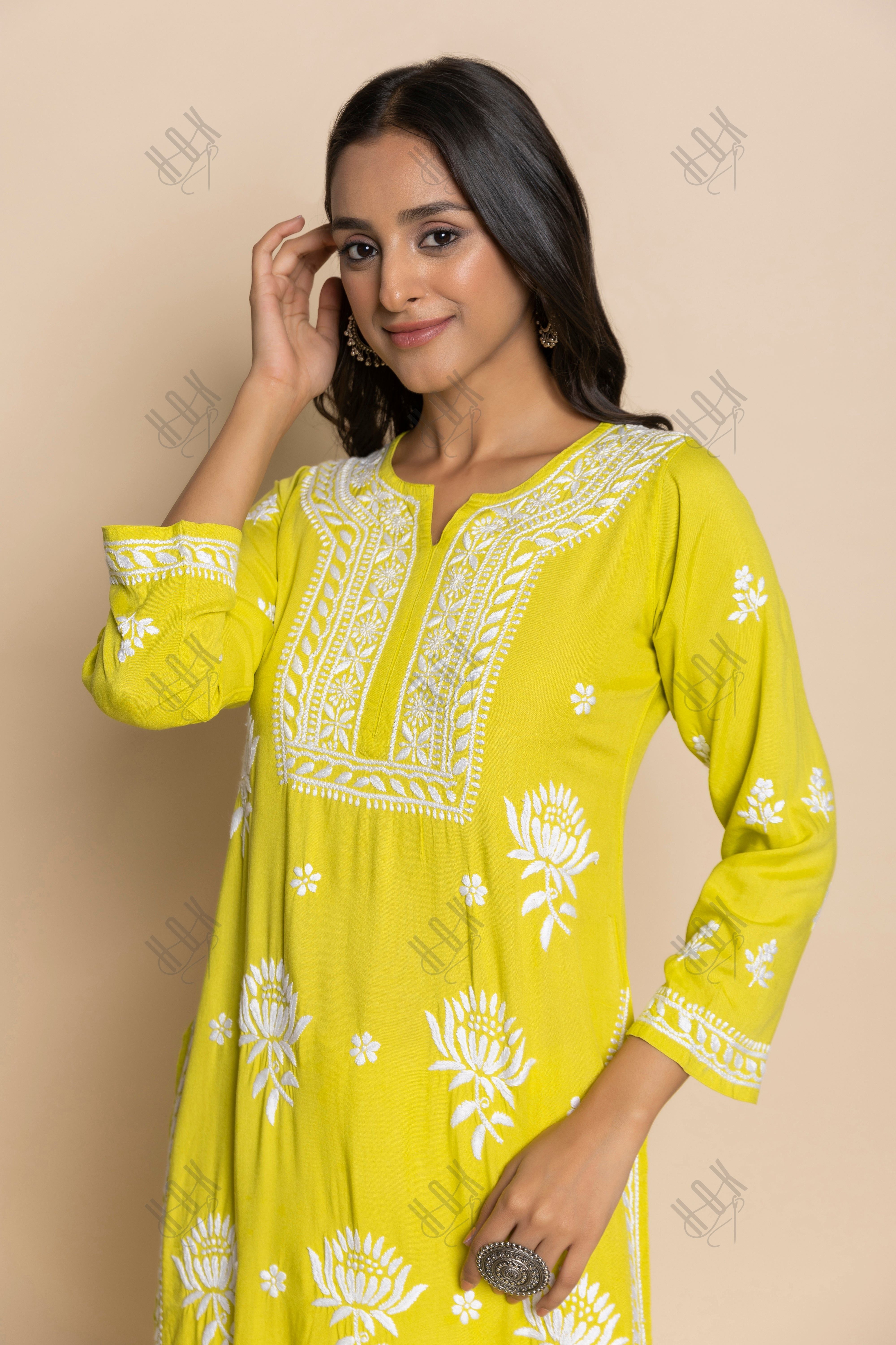 Fizaa Kurta with Chikankari Hand Embroidery Lemon