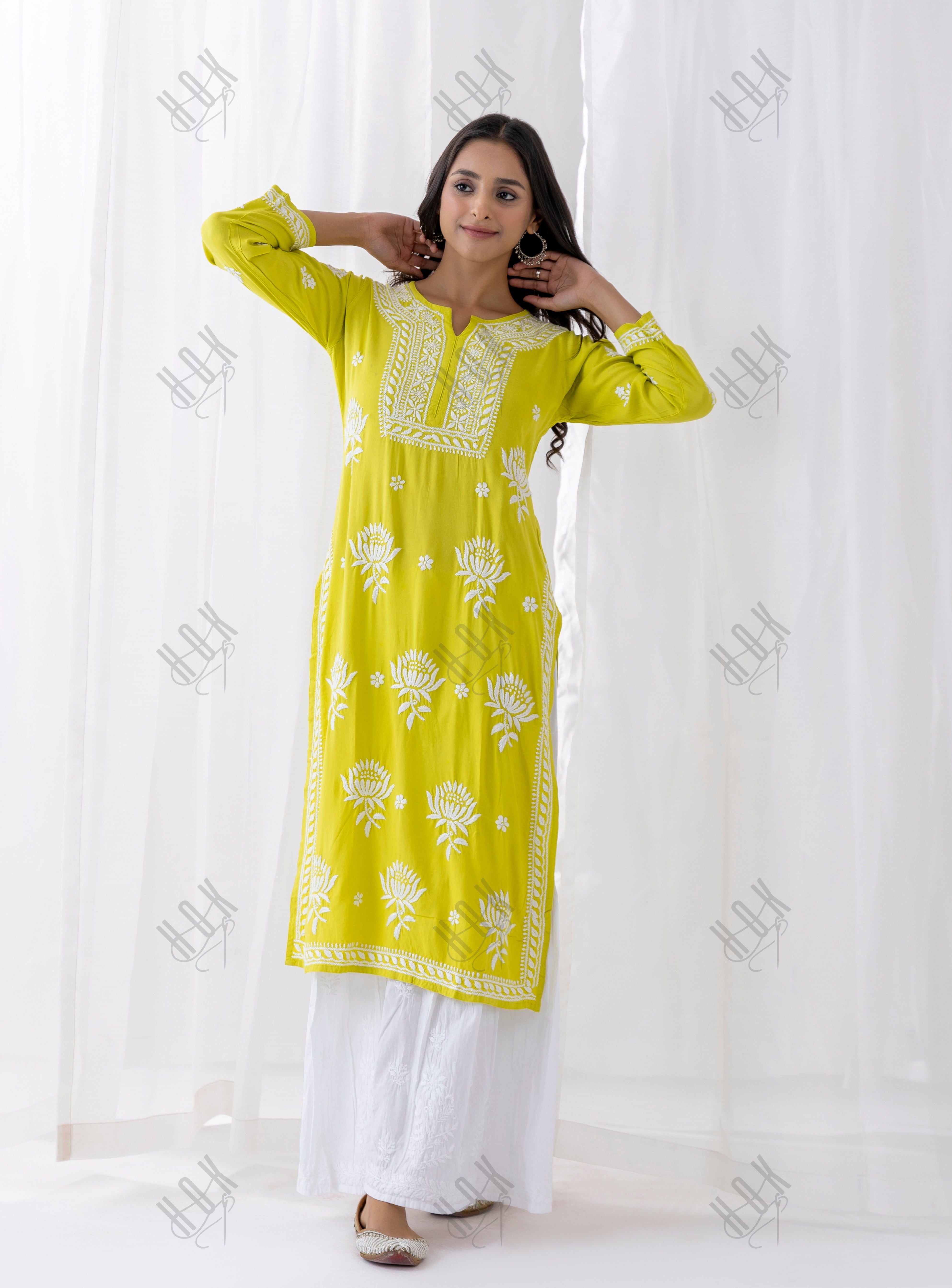 Fizaa Kurta with Chikankari Hand Embroidery Lemon