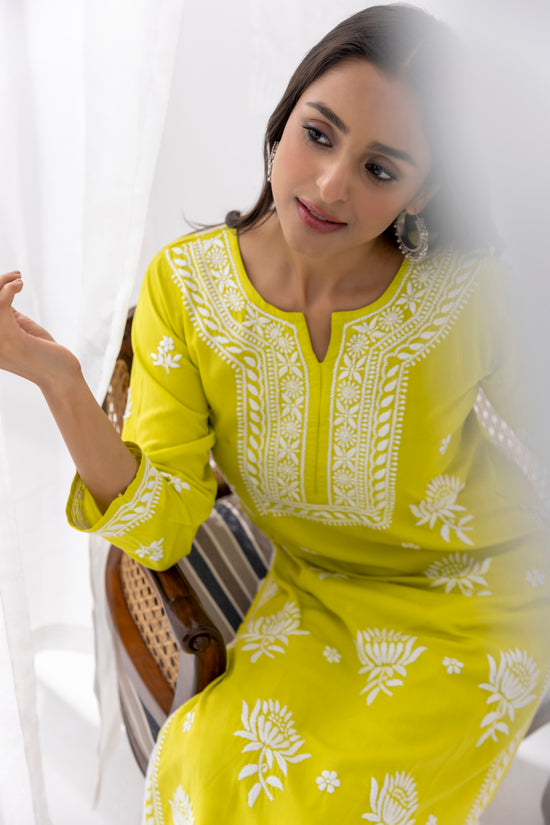 Fizaa Kurta with Chikankari Hand Embroidery Lemon