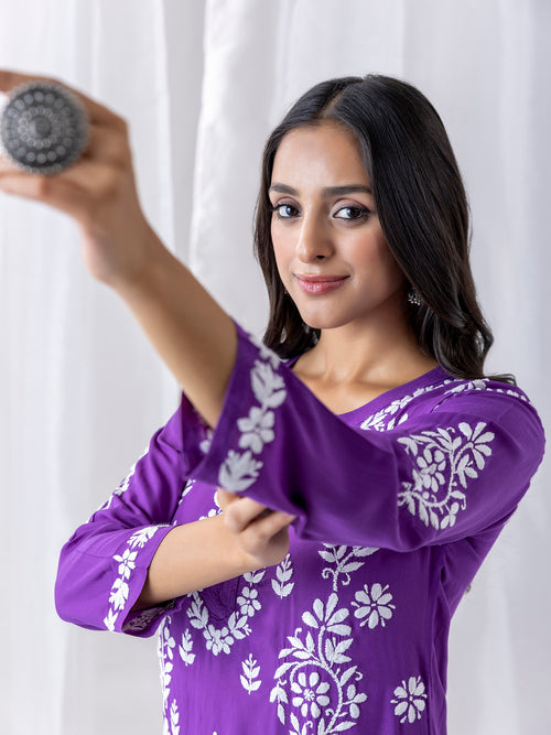 Fizaa Chikankari Long Kurta Notch neck in Chanderi Silk for Women