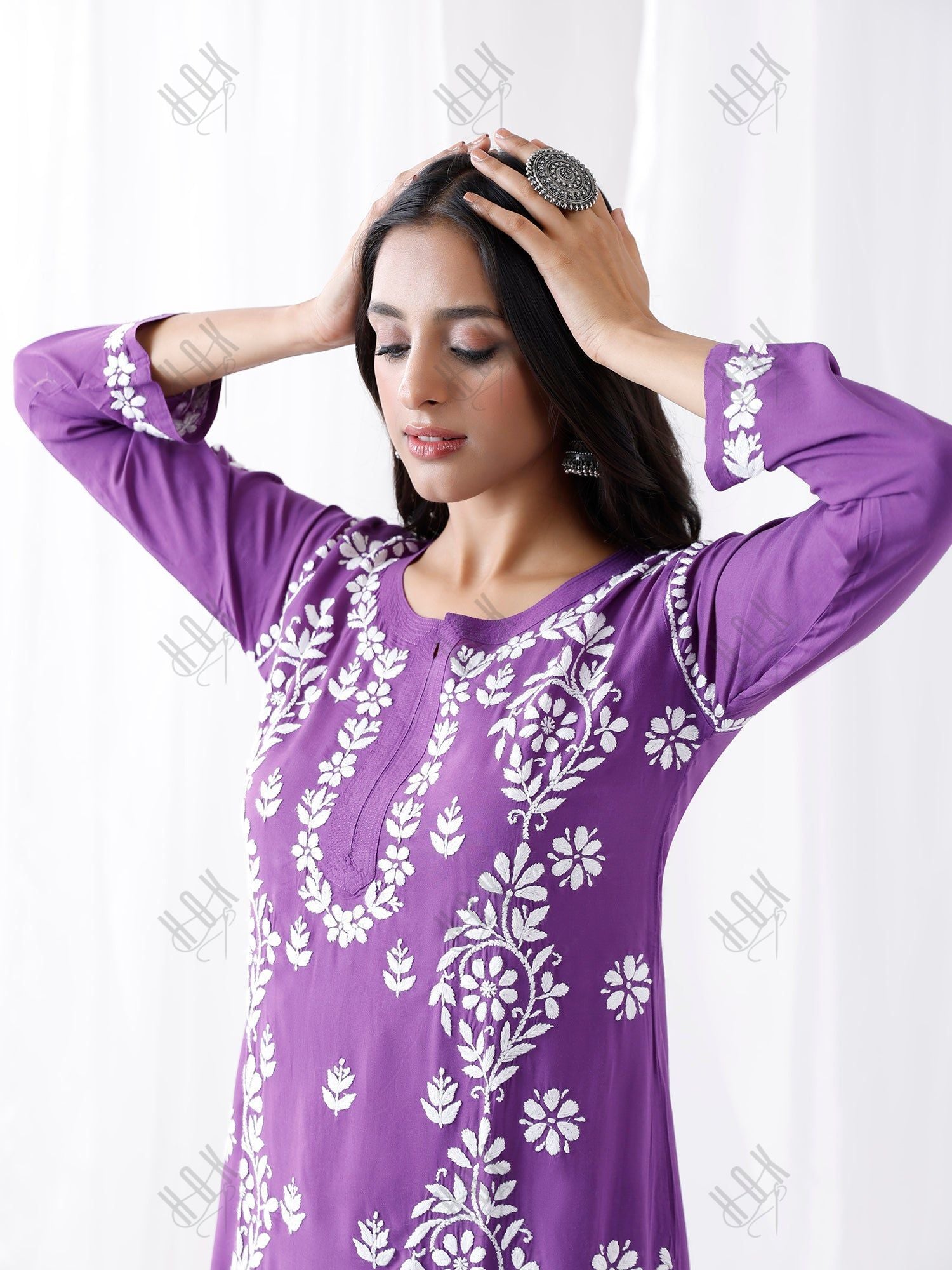 Fizaa chikankari Kurta in Modal cotton with Notch Neck Purple