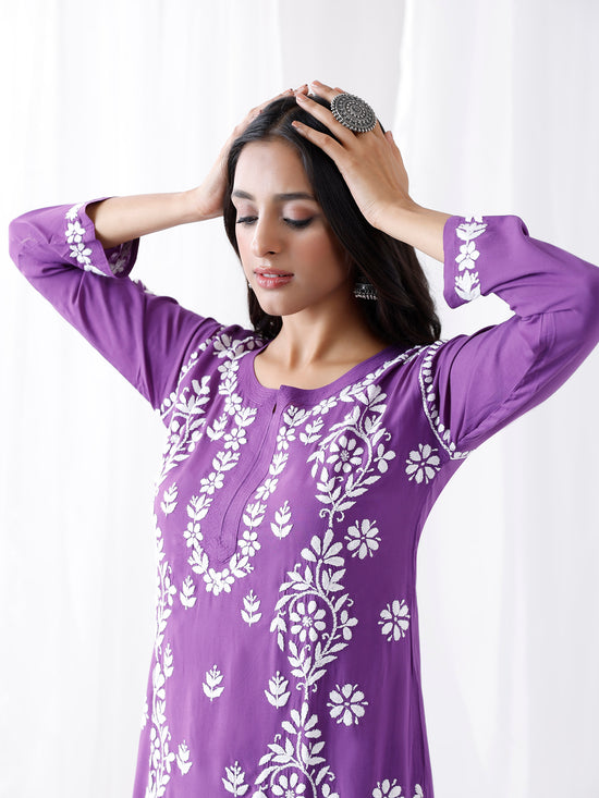 Fizaa chikankari Kurta in Modal cotton with Notch Neck Purple
