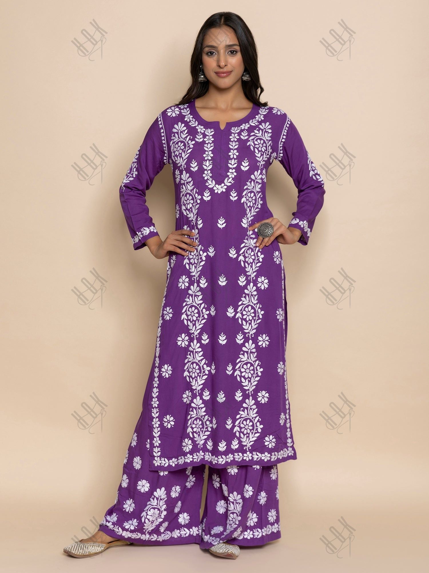 Fizaa chikankari Kurta in Modal cotton with Notch Neck Purple