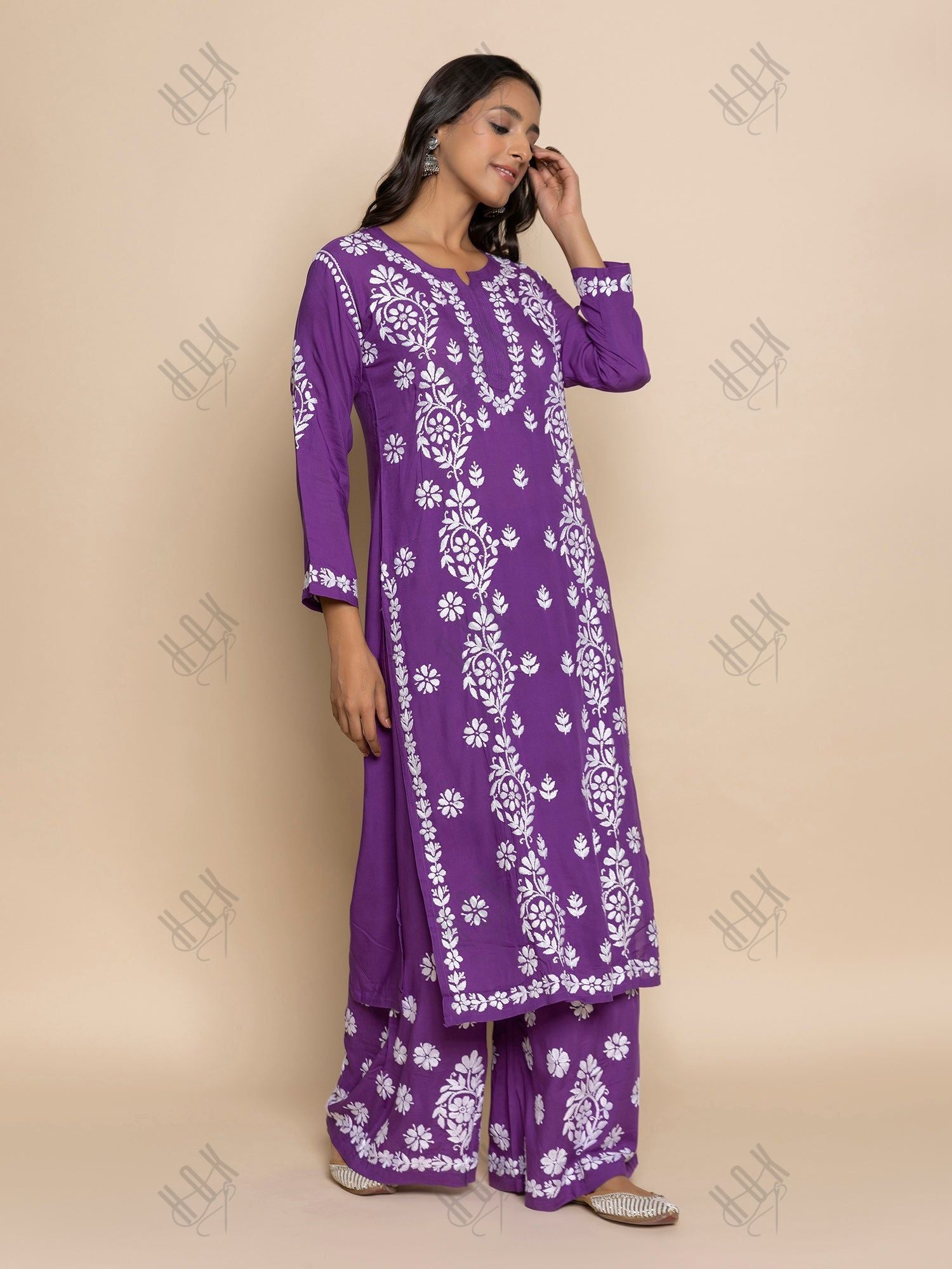 Fizaa chikankari Kurta in Modal cotton with Notch Neck Purple