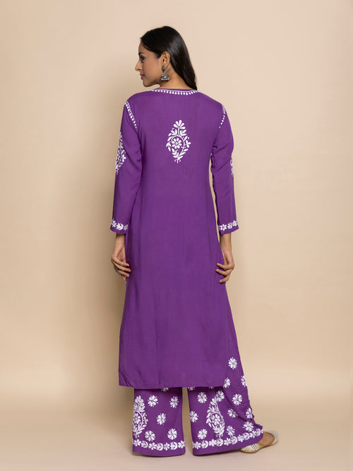 Fizaa chikankari Kurta in Modal cotton with Notch Neck Purple