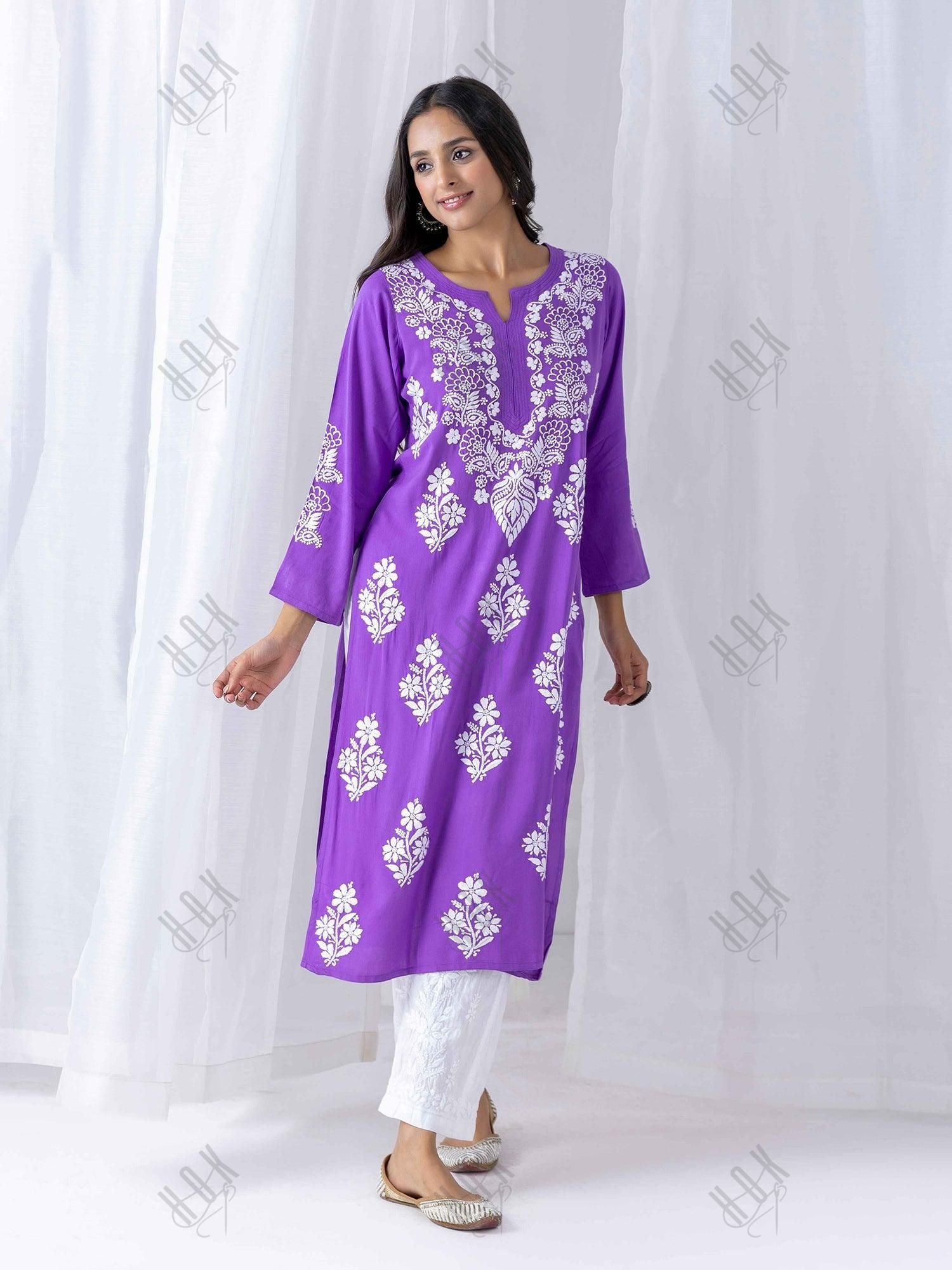 Fizaa Hand Embroidered Chikankari Kurta in Purple - House Of Kari (Chikankari Clothing)